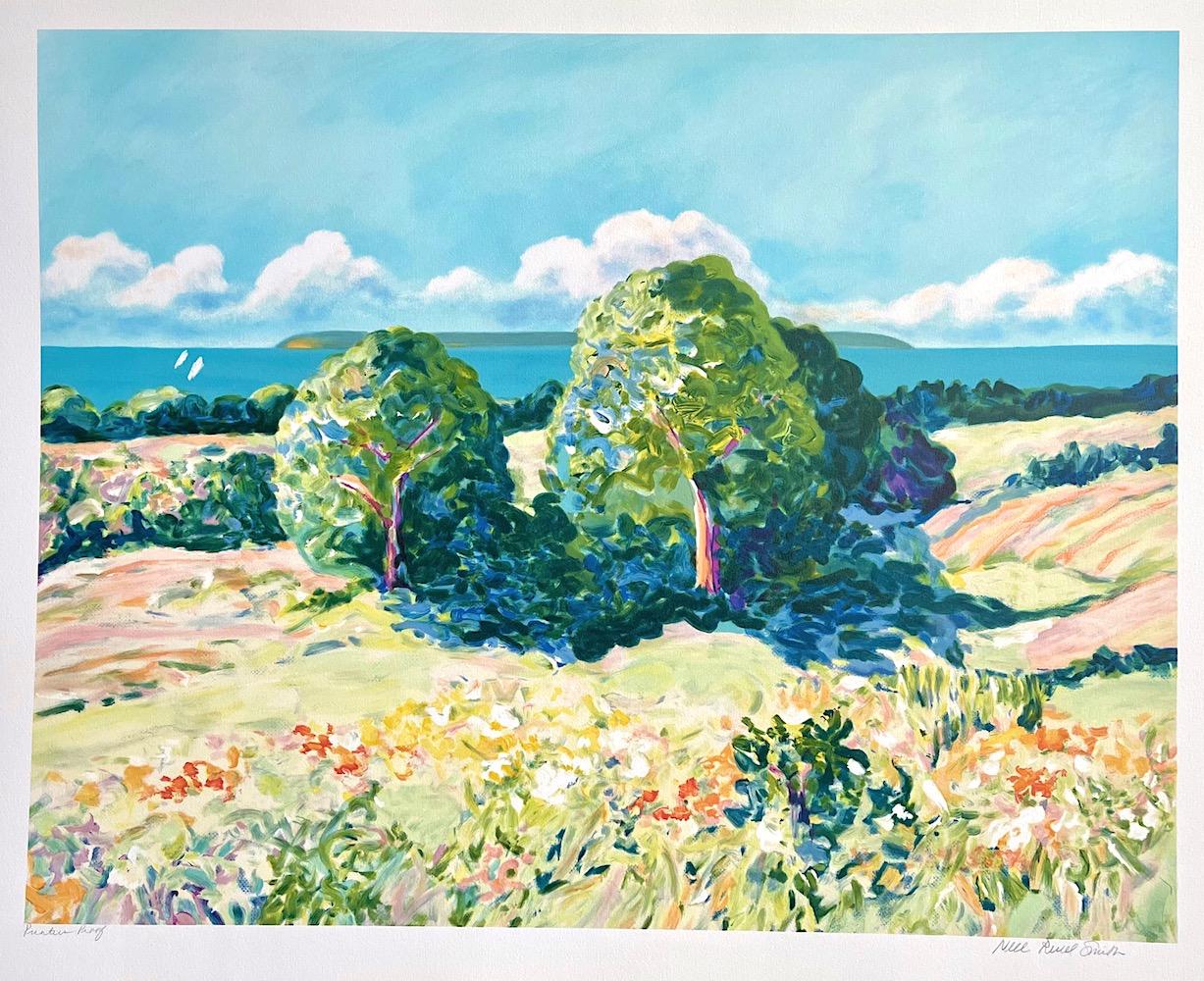 Pastell-Landschaft: Impressionistische Bäume, handgezeichnete Lithographie, Monet-Stil