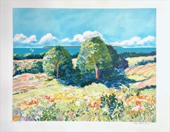 Pastell-Landschaft: Impressionistische Bäume, handgezeichnete Lithographie im Stil von Monet
