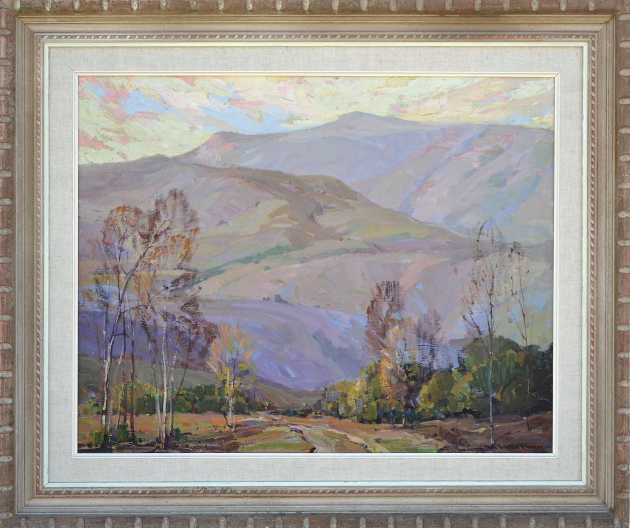 Paisaje de mediados de siglo de las montañas de Santa Paula, California meridional, por Nell Walker Warner

Precioso paisaje al óleo de mediados de siglo de las montañas de Santa Paula, en el sur de California, que se elevan sobre un apacible