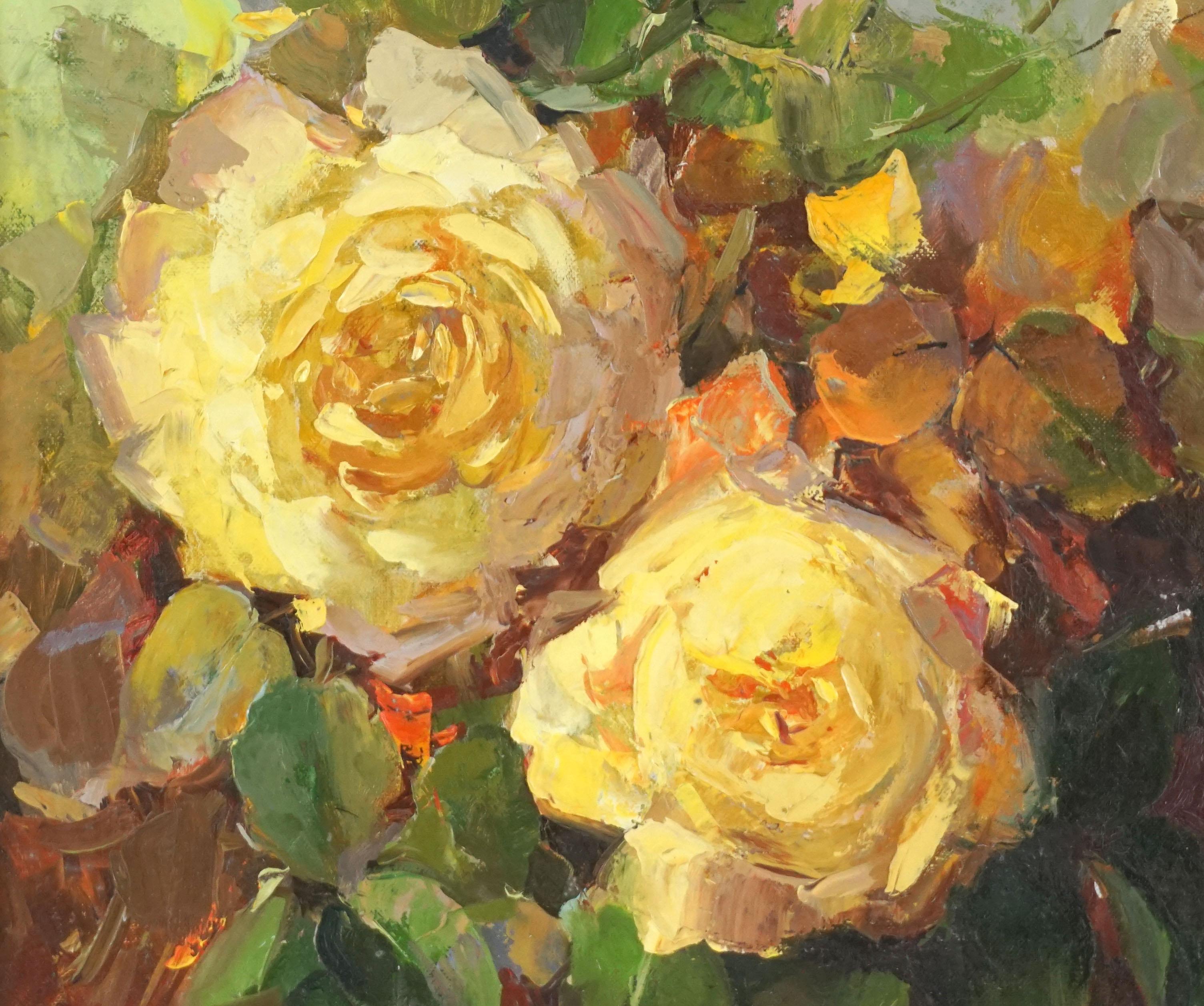 Original Oil Painting of Cheerful Yellow Roses by Nell Walker Warner For Sale 2