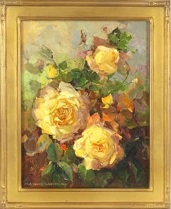 Superbe peinture à l'huile originale représentant de joyeuses roses jaunes par Nell Walker Warner