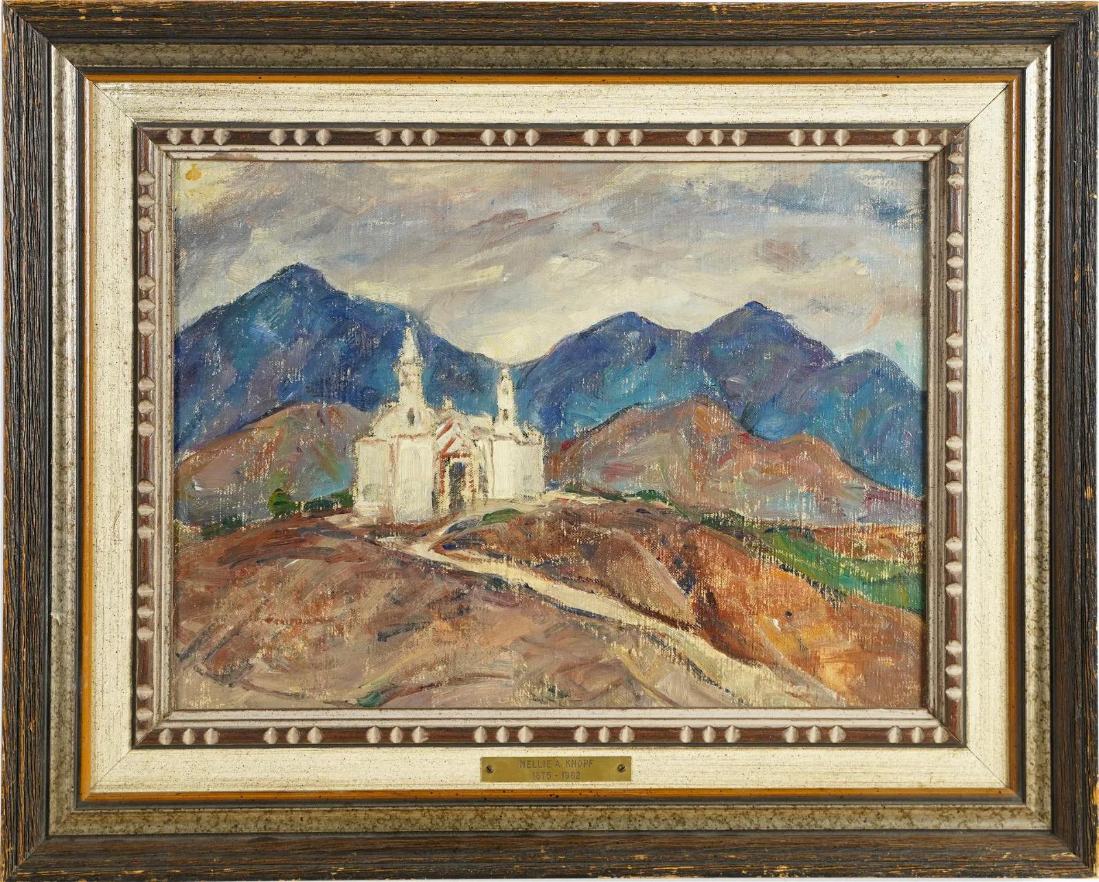 Finely painted panoramic landscape by Nellie Augusta Knopf (1875 - 1962). 
 Oil on board.  Framed.  Image size, 12H x 16L.  Signed verso.