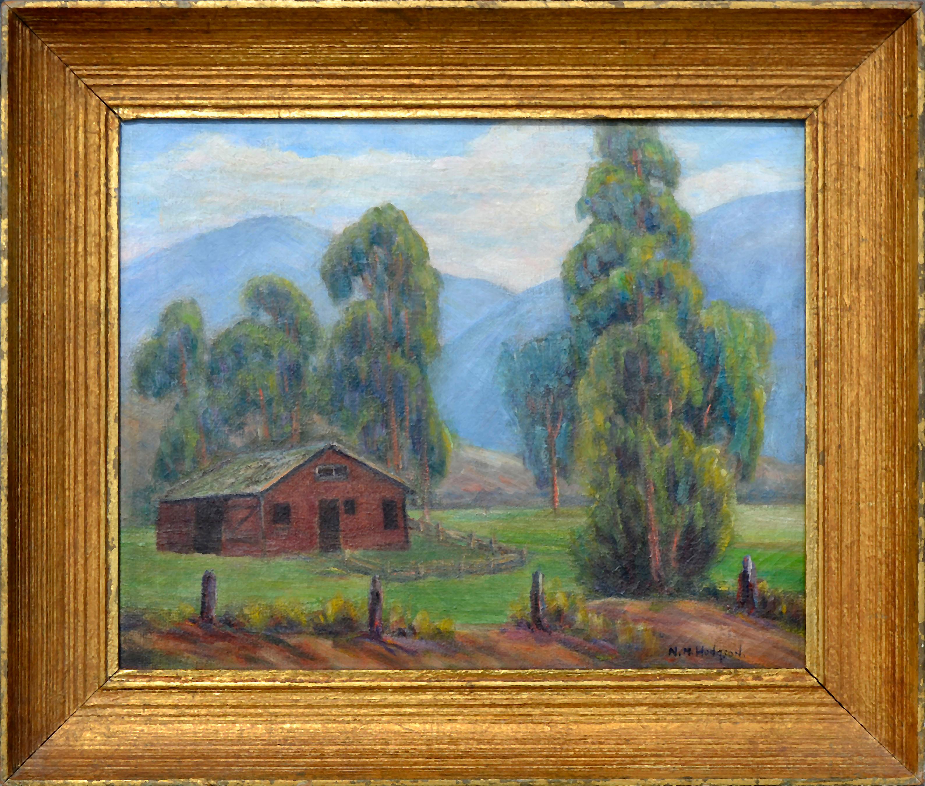 Nellie M. Hodgson Landscape Painting - Red Barn Near Foothills Landscape