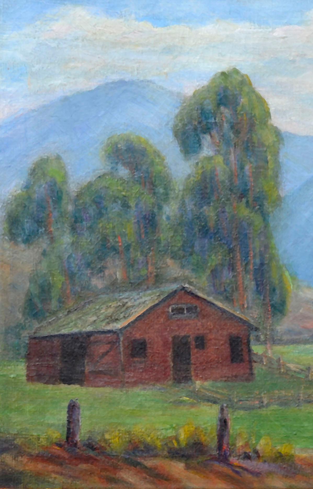 Granero rojo cerca de las colinas - Paisaje al óleo sobre lienzo - Painting De la posguerra de Nellie M. Hodgson