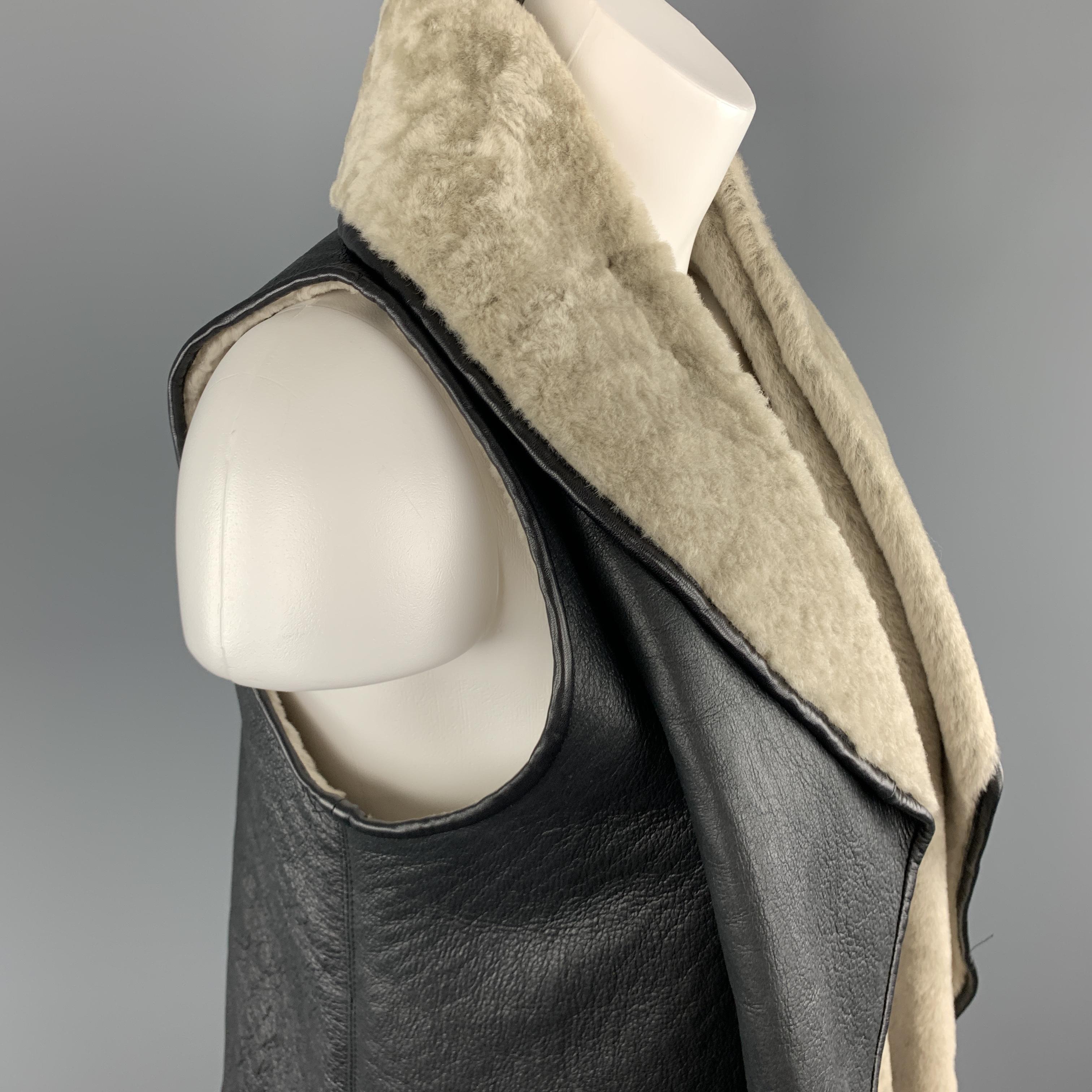 Women's NELLIE PARTOW Size XS Black & Beige Shearling Draped Lapel Vest