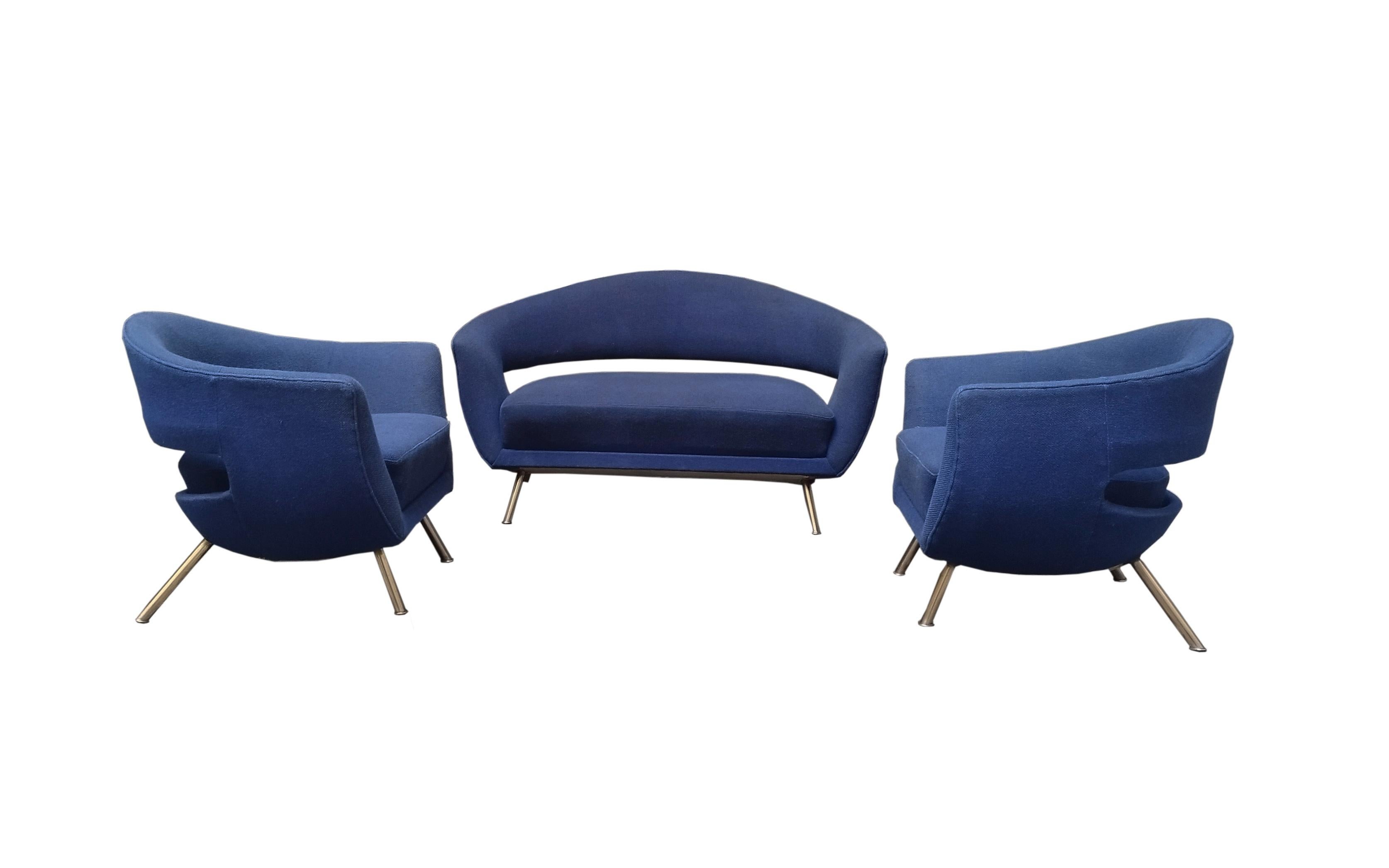 Incredible and very rare Italian 'small' sofa, designed by Lenzi Nello in the early 1950s. The adorable shapes and beautiful blue fabric make it an eye-catcher in your room. Documented in Domus 299, October 1954. It is in excellent condition. Small