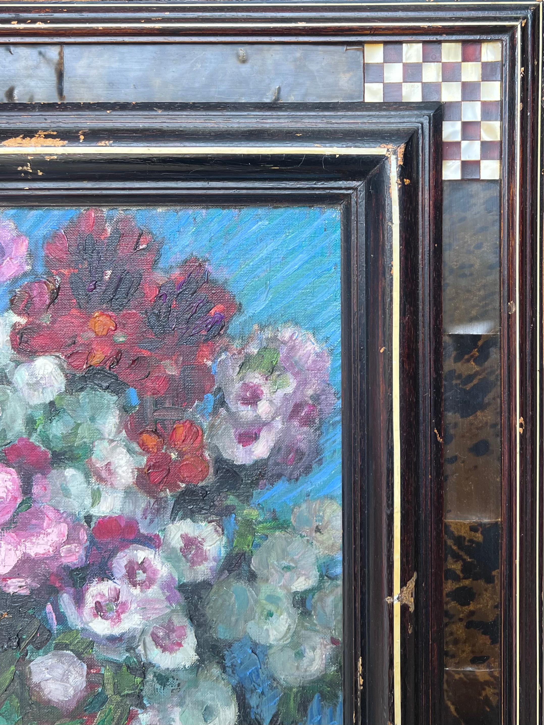 Fine Mid 20th Century French Still Life Oil Painting Flowers in Copper Pitcher For Sale 7