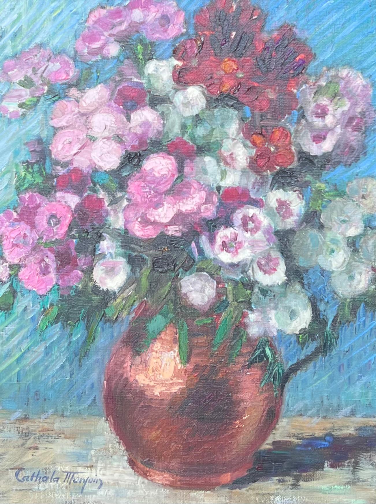 Fine Mid 20th Century French Still Life Oil Painting Flowers in Copper Pitcher - Gray Interior Painting by Nelly CATHALA-MONGOIN (1916)