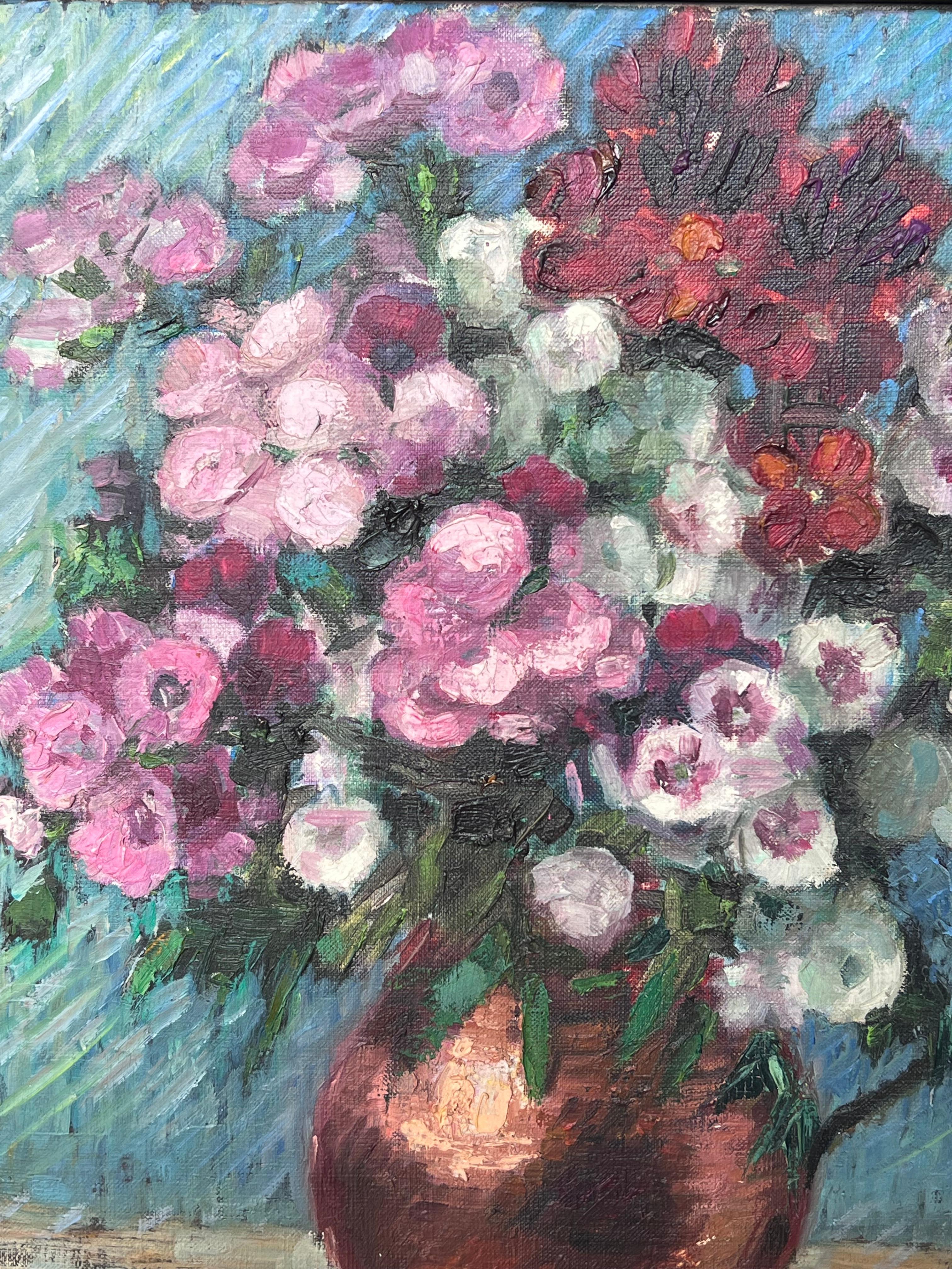 Still Life Flowers in Copper Pitcher
by Nelly CATHALA-MONGOIN (1916, French)
signed oil on canvas, framed in ornate inlaid frame
framed: 20.5 x 17 inches
canvas: 14 x 10.75 inches
Provenance: private collection, Paris
Condition: the frame has some