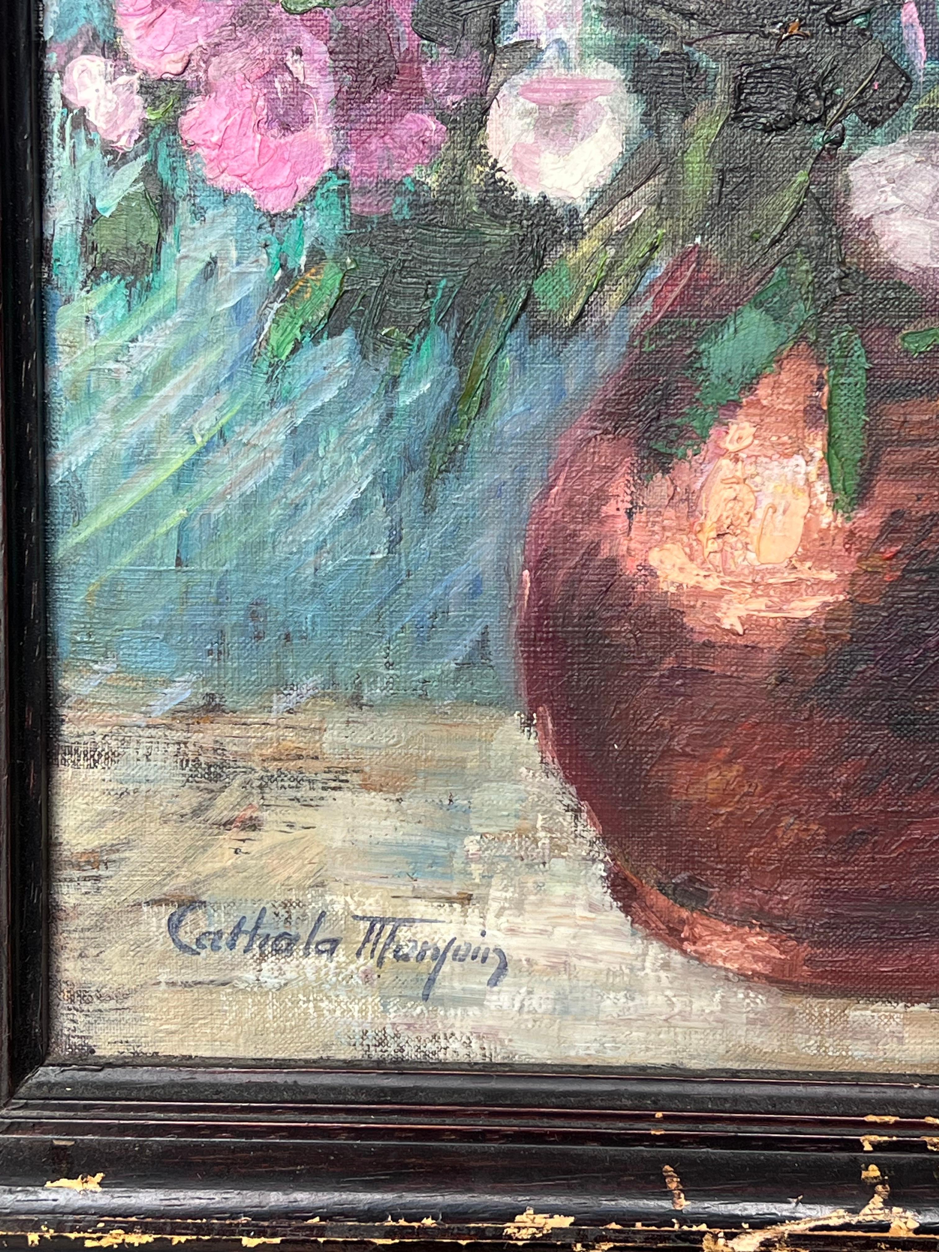 Fine Mid 20th Century French Still Life Oil Painting Flowers in Copper Pitcher For Sale 1