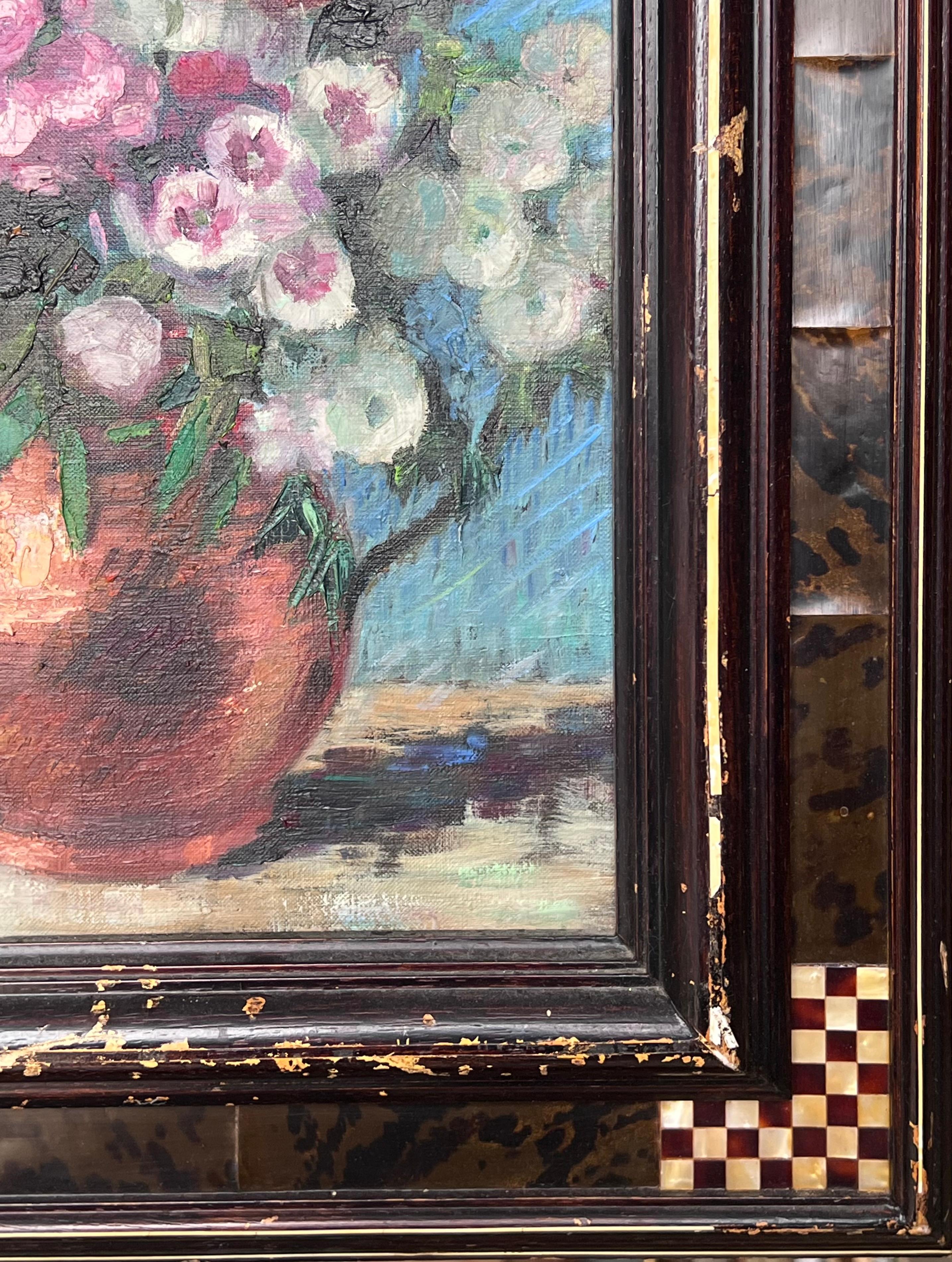 Fine Mid 20th Century French Still Life Oil Painting Flowers in Copper Pitcher For Sale 2
