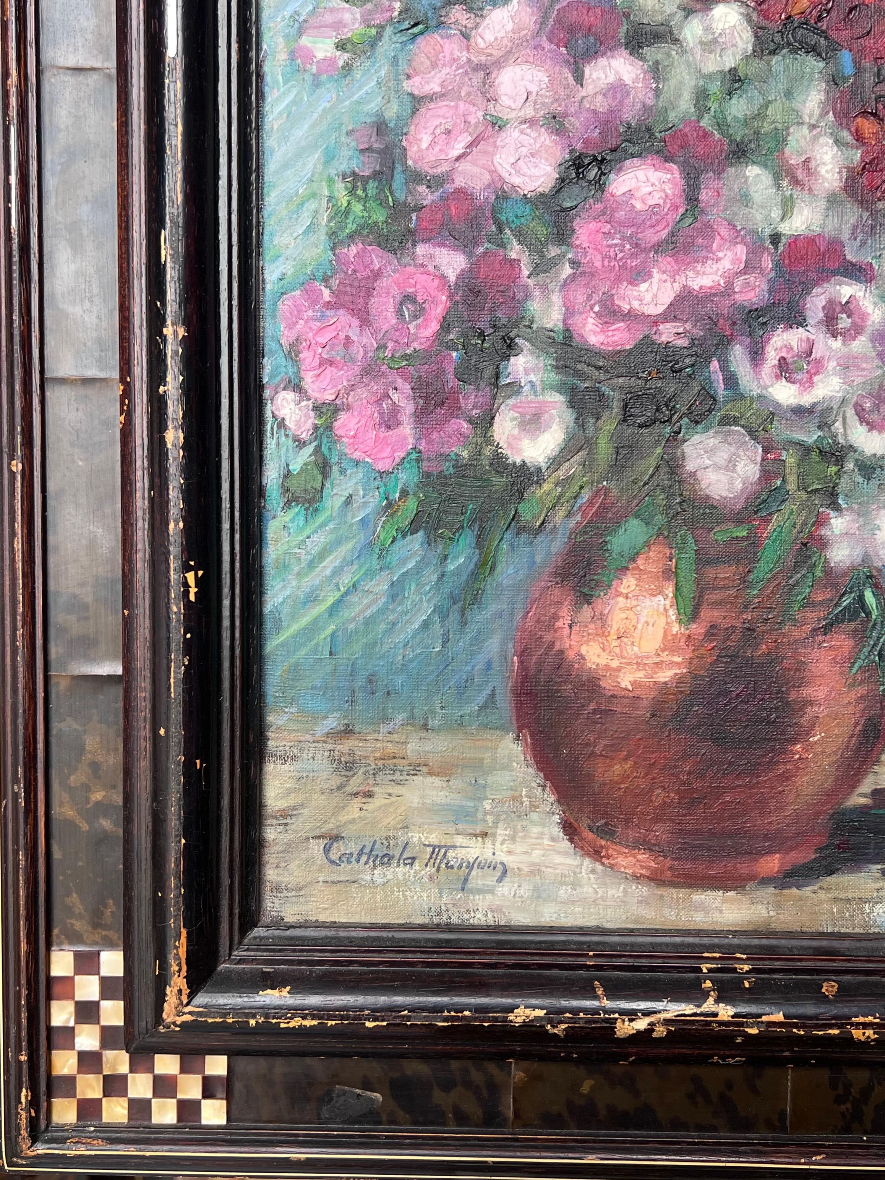 Fine Mid 20th Century French Still Life Oil Painting Flowers in Copper Pitcher For Sale 3