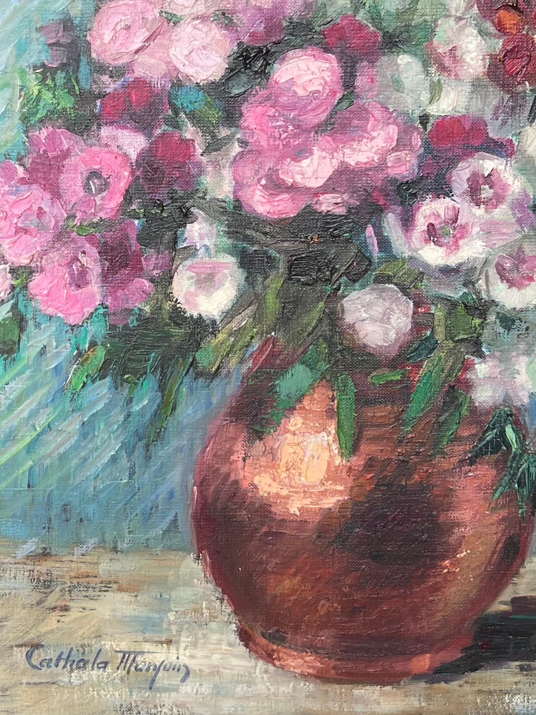 Fine Mid 20th Century French Still Life Oil Painting Flowers in Copper Pitcher For Sale 4