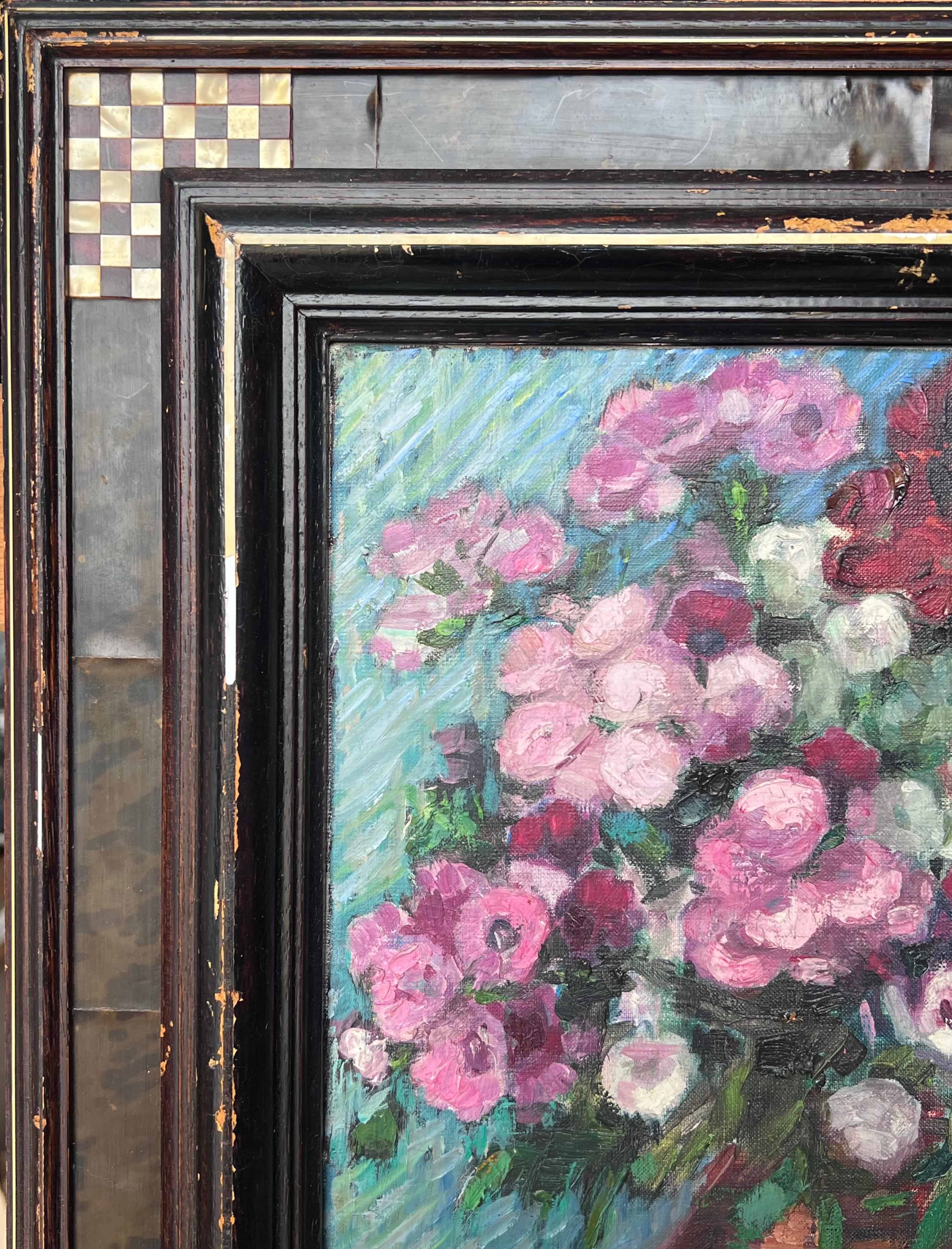 Fine Mid 20th Century French Still Life Oil Painting Flowers in Copper Pitcher For Sale 5