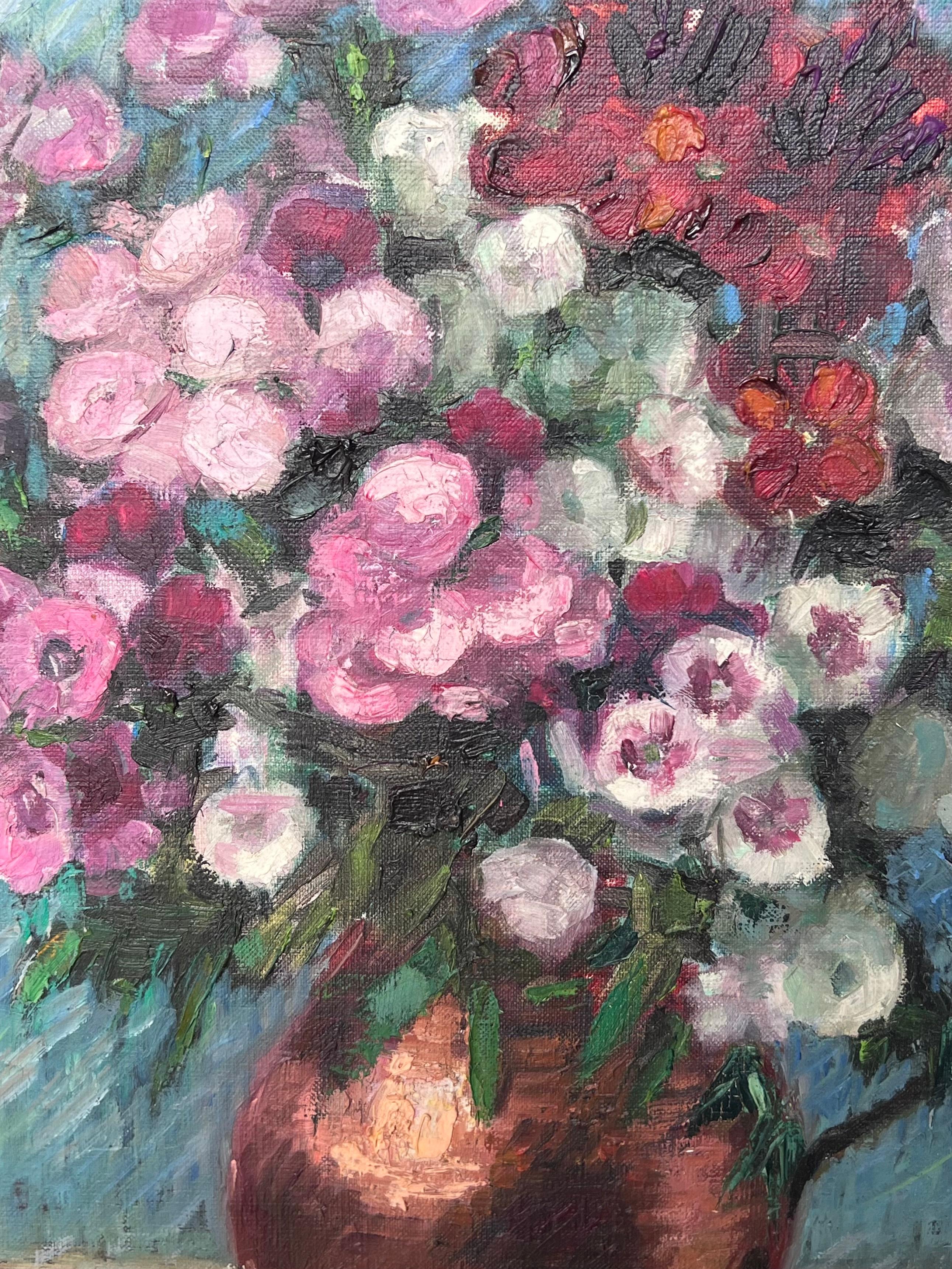 Fine Mid 20th Century French Still Life Oil Painting Flowers in Copper Pitcher For Sale 6