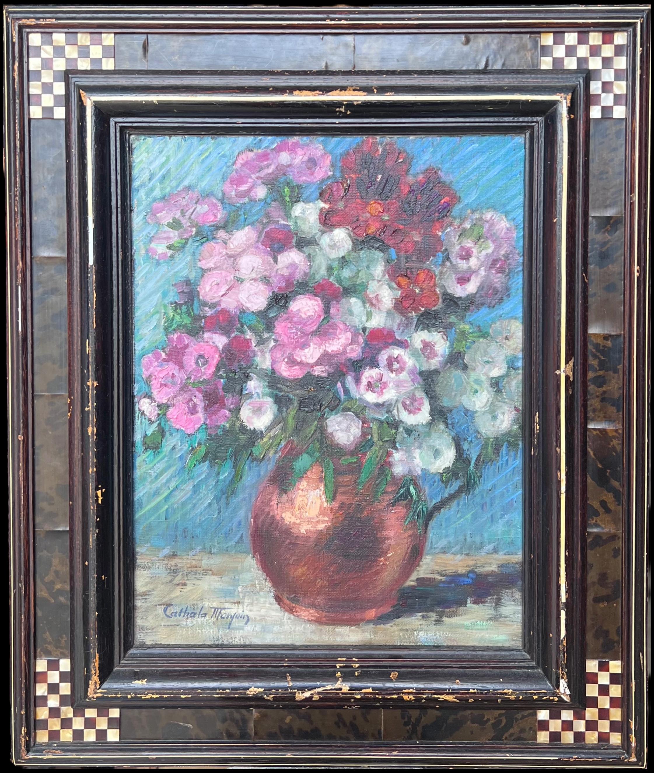 Nelly CATHALA-MONGOIN (1916) Interior Painting - Fine Mid 20th Century French Still Life Oil Painting Flowers in Copper Pitcher