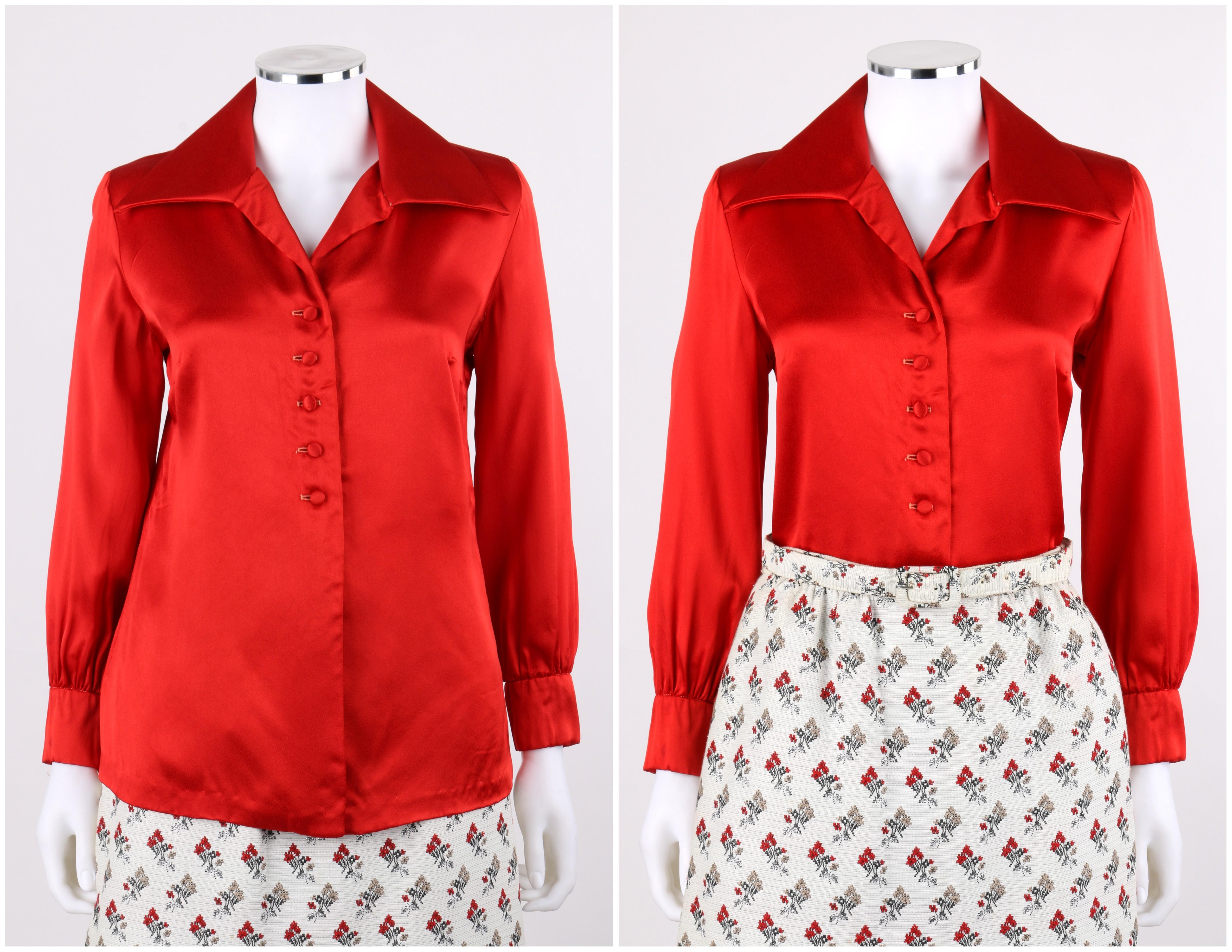 DESCRIPTION: NELLY DE GRAB c.1960's 2Pc Red Satin Blouse Floral Jacquard Maxi Skirt Dress Set
 
Circa: c.1960’s
Label(s): Nelly de Grab New York
Designer: Nelly De Grab
Style: Two piece dress set
Color(s): Red, off white, multi floral print in