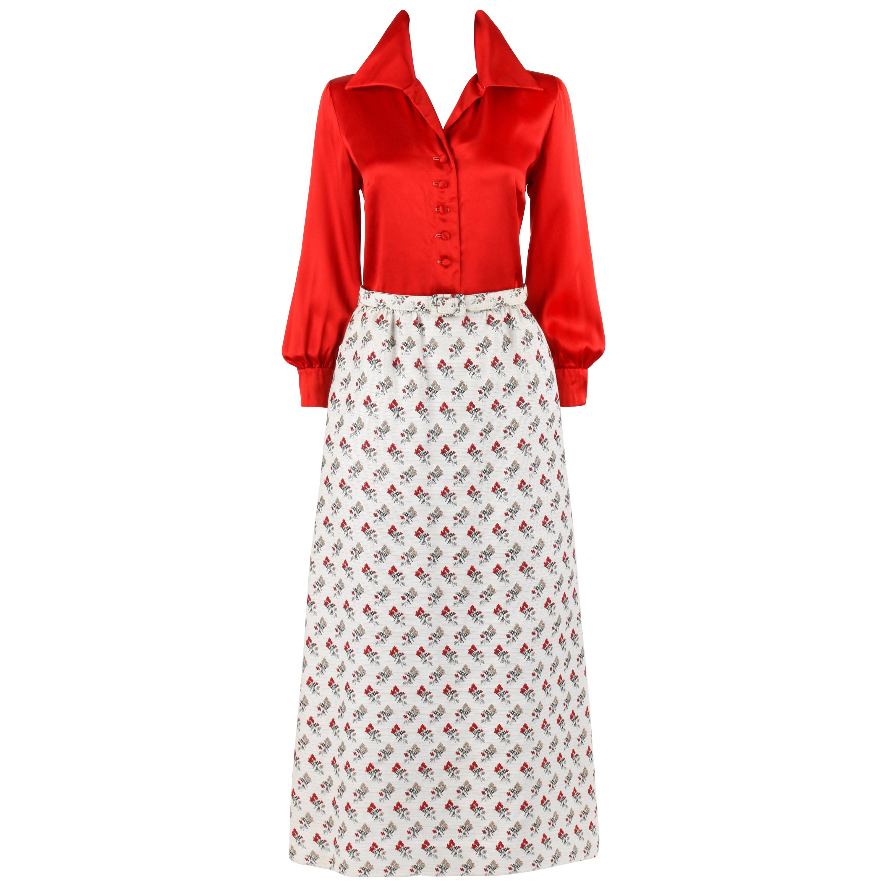 NELLY DE GRAB c.1960's 2Pc Red Satin Blouse Floral Jacquard Maxi Skirt Dress Set