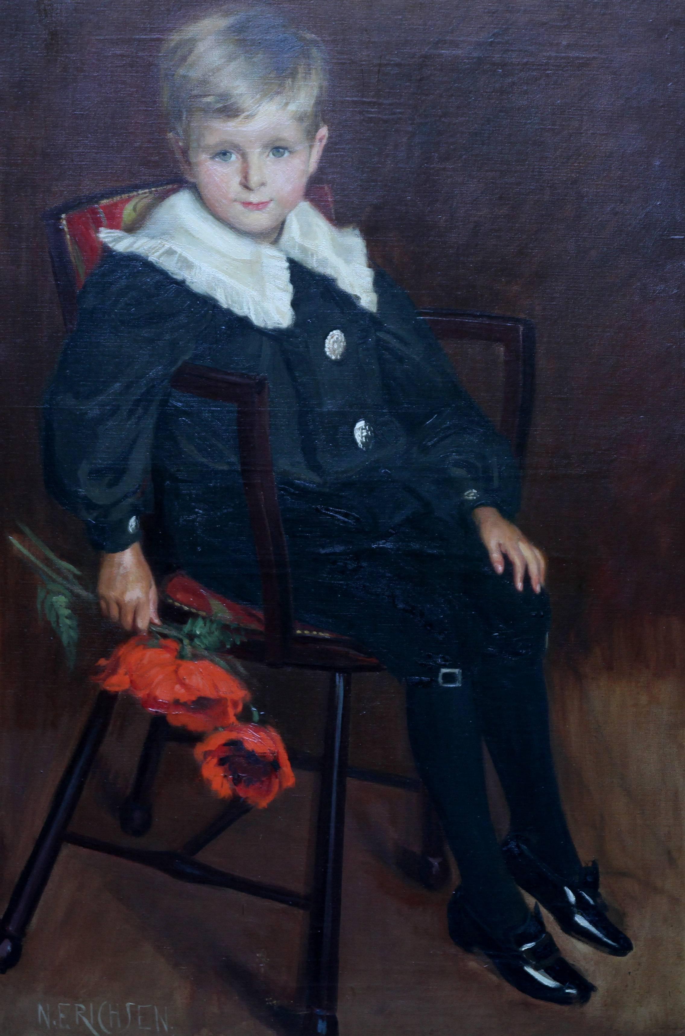 Poppies - British Victorian Portrait oil painting young boy flower female artist - Painting by Nelly Erichsen