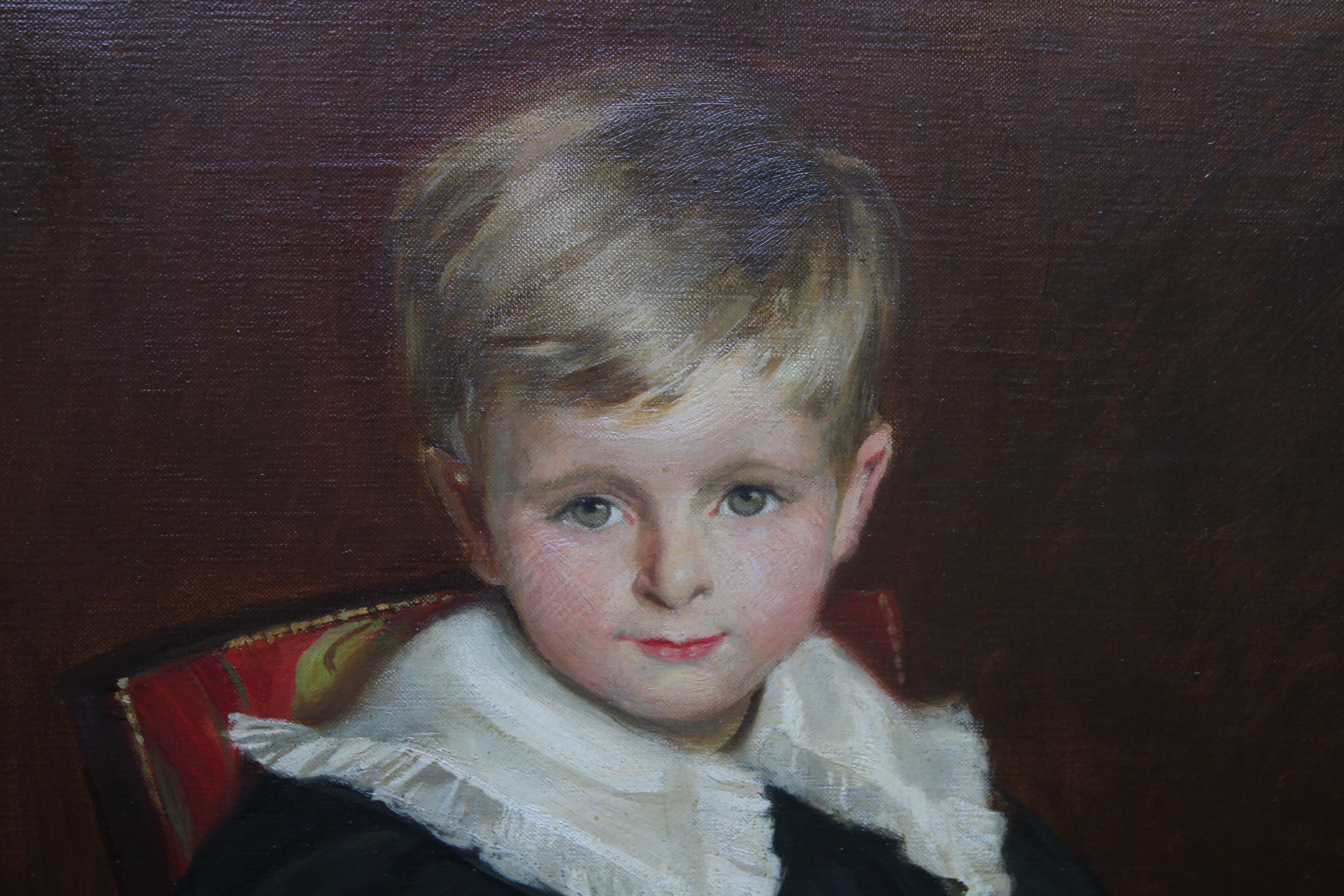 Poppies - British Victorian Portrait oil painting young boy flower female artist - Black Portrait Painting by Nelly Erichsen