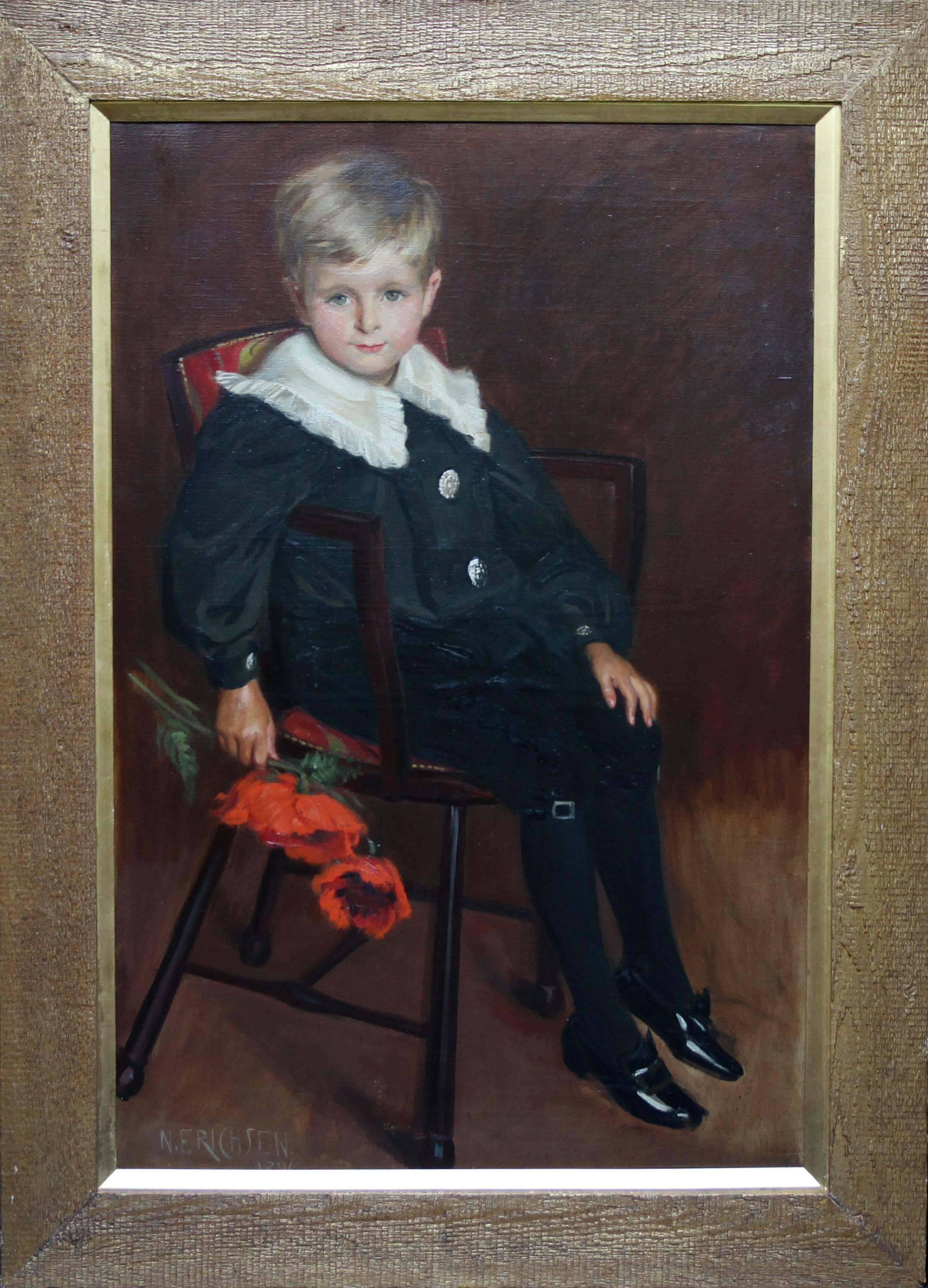 Nelly Erichsen Portrait Painting - Poppies - British Victorian Portrait oil painting young boy flower female artist