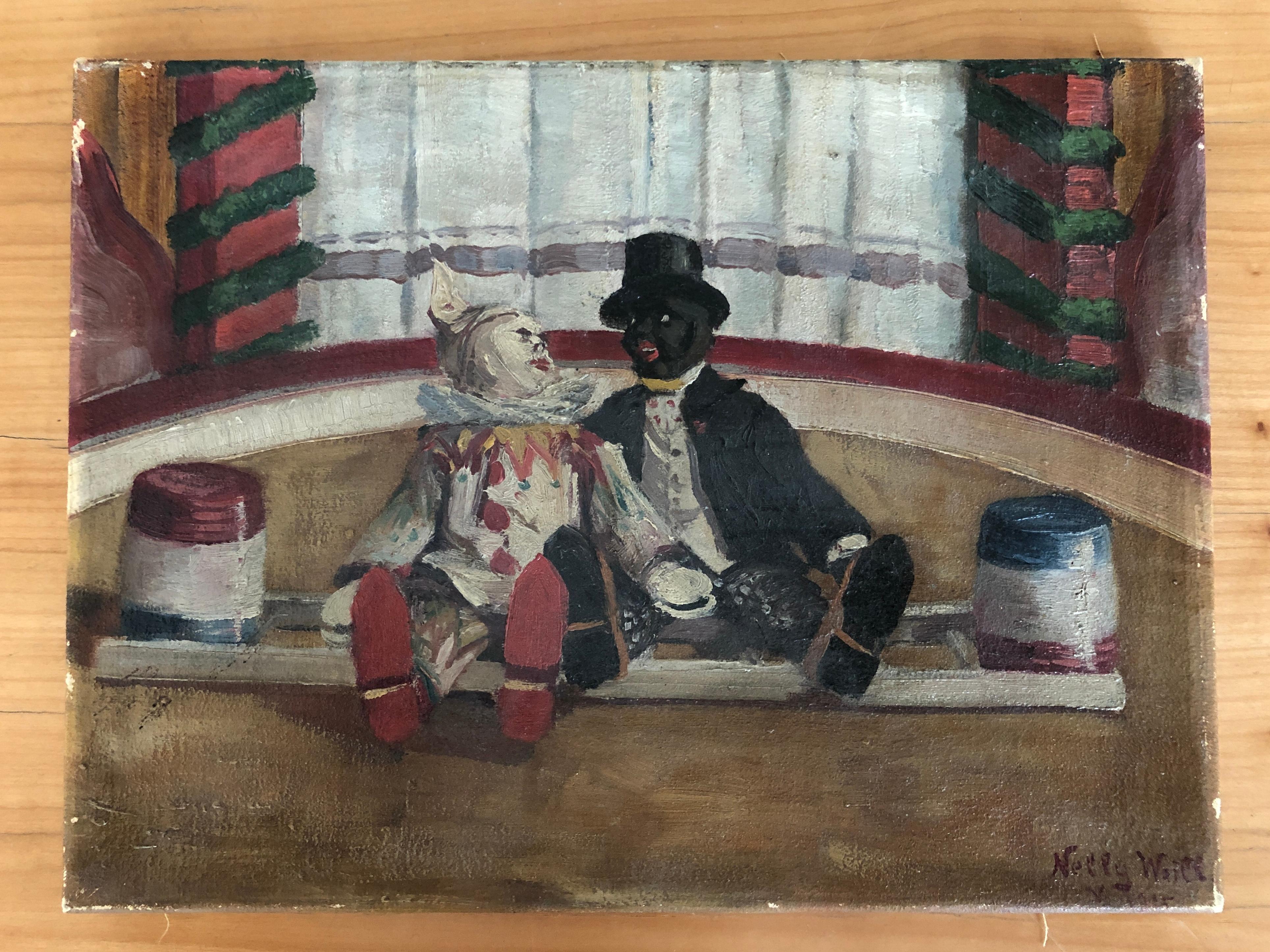 Two clowns sitting on the circus ring - Painting by Nelly Weill