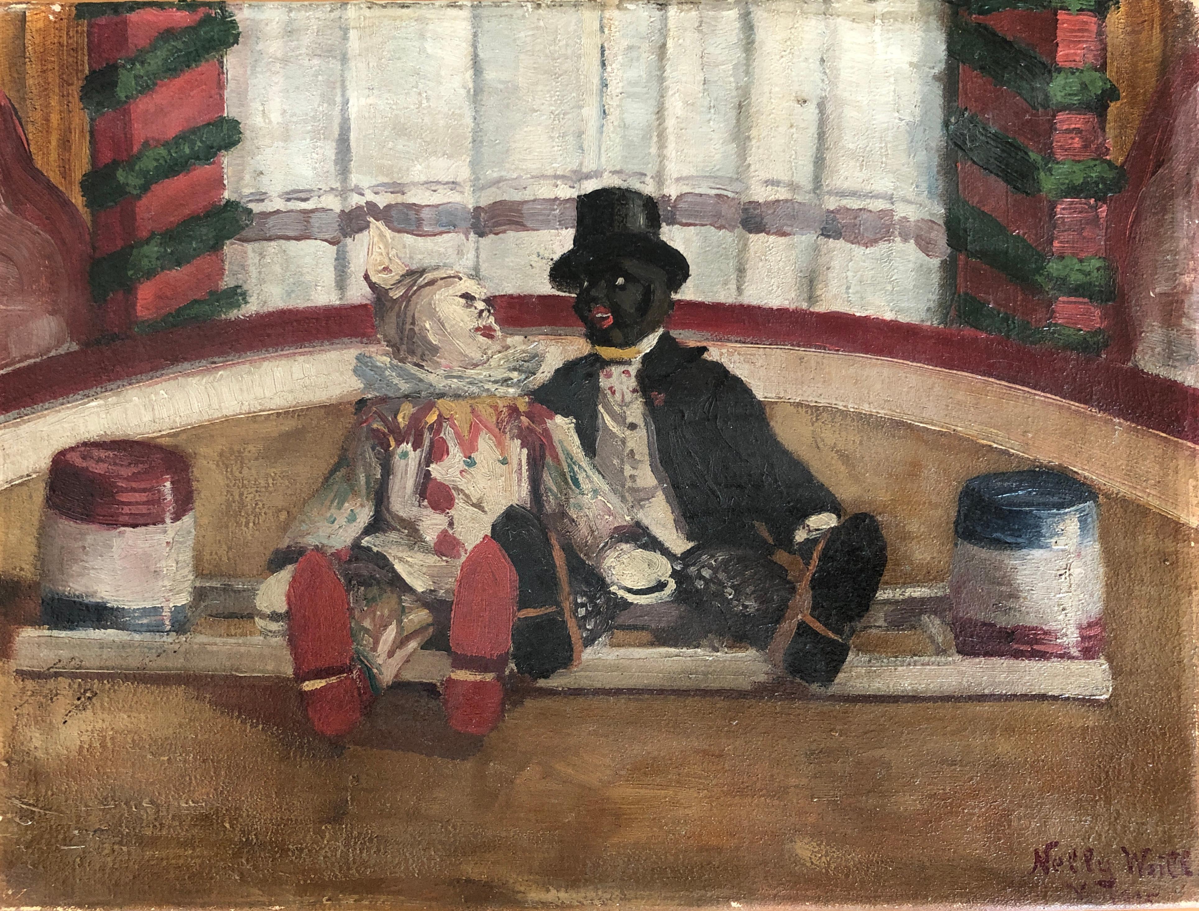 Nelly Weill Figurative Painting - Two clowns sitting on the circus ring