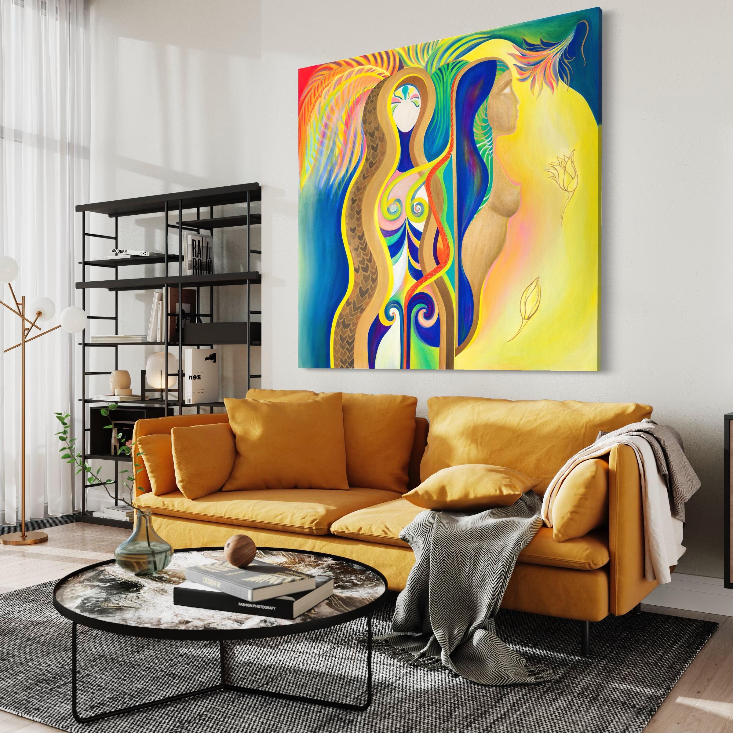 This square 60 inch original, neon colored painting on linen is stretched, wired and ready to hang. It is signed by the artist on the back of the artwork. 

Nelly Zagury is a fascinating artist who creates captivating works of art that are heavily