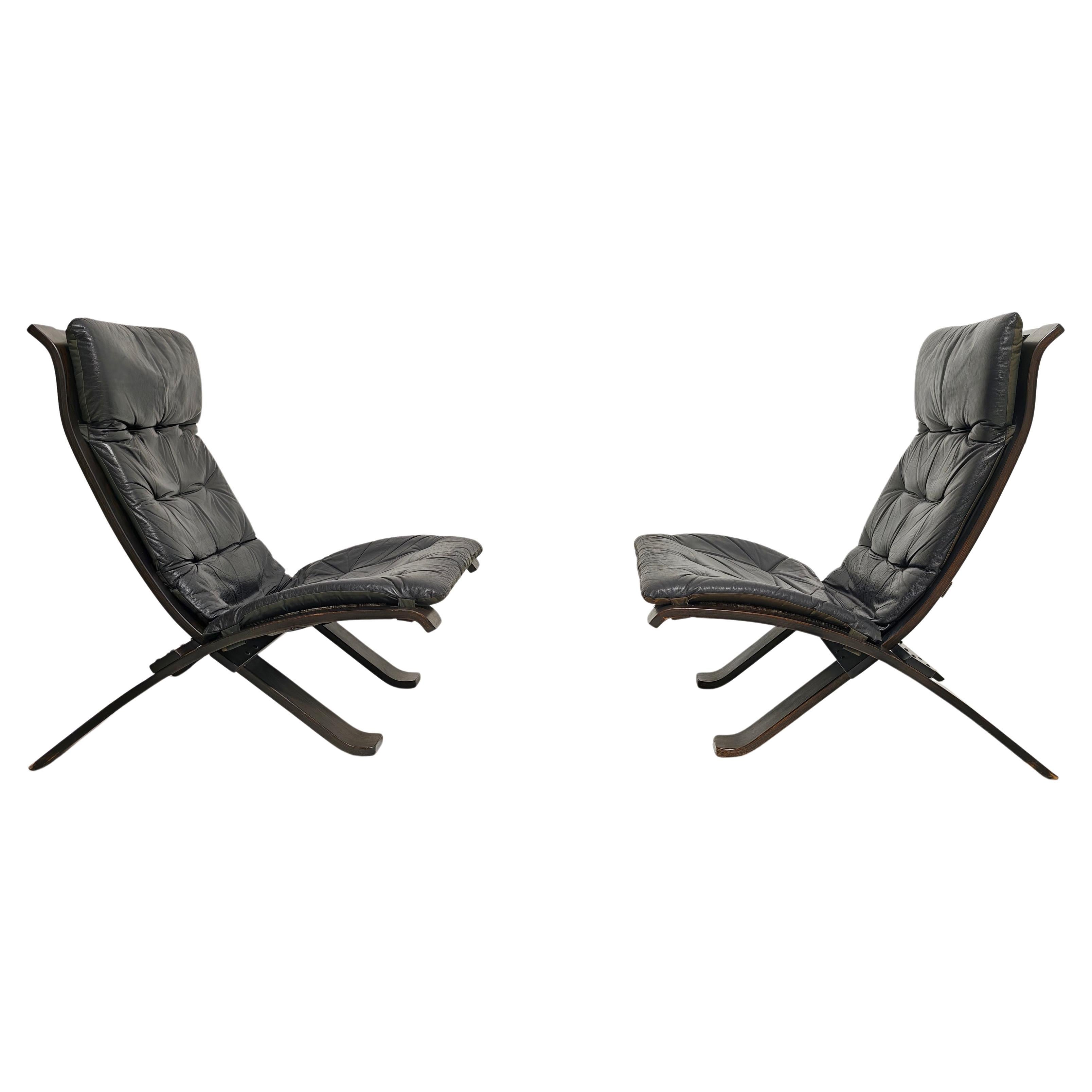 Nelo Arredi Pair of Folding Armchairs in Wood and Leather Italy 80s Mid-Century in vendita