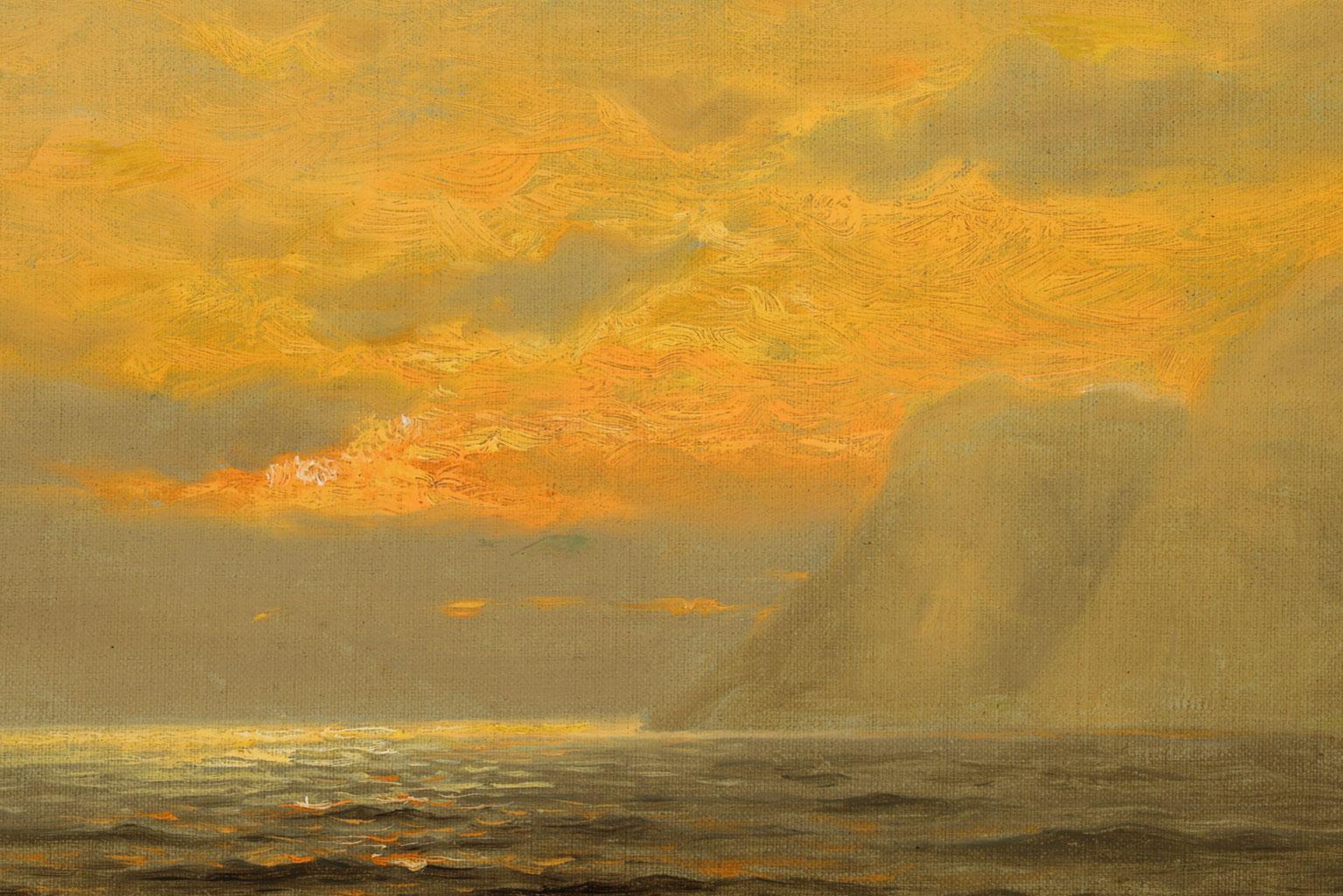 Untitled [Seascape], an original oil on canvas by Nels Hagerup, is a piece for the true collector. Hagerup is most valued and famous for the sophisticated, subtle, atmospheric California coastal seascape, particularly those portraying a sunset time