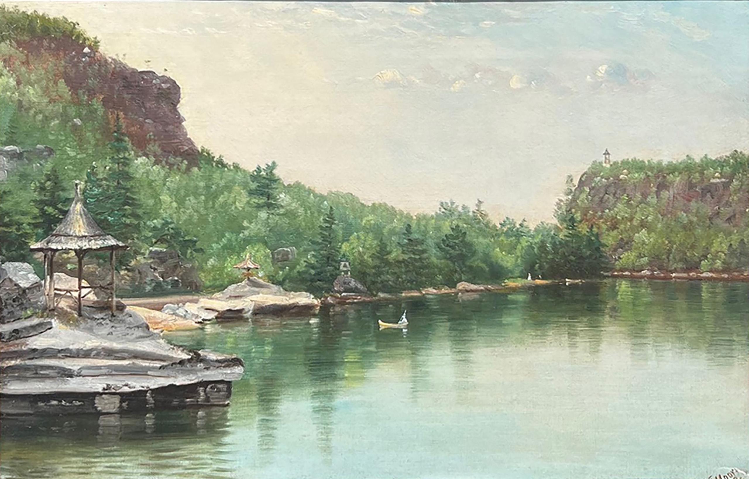 A rare depiction of Lake Mohonk, this painting by Hudson River School artist Nelson Augustus Moore (1824-1902) features  Sky Top Tower and the serene natural surroundings of the historic Mohonk Mountain House. This 19th century oil painting on