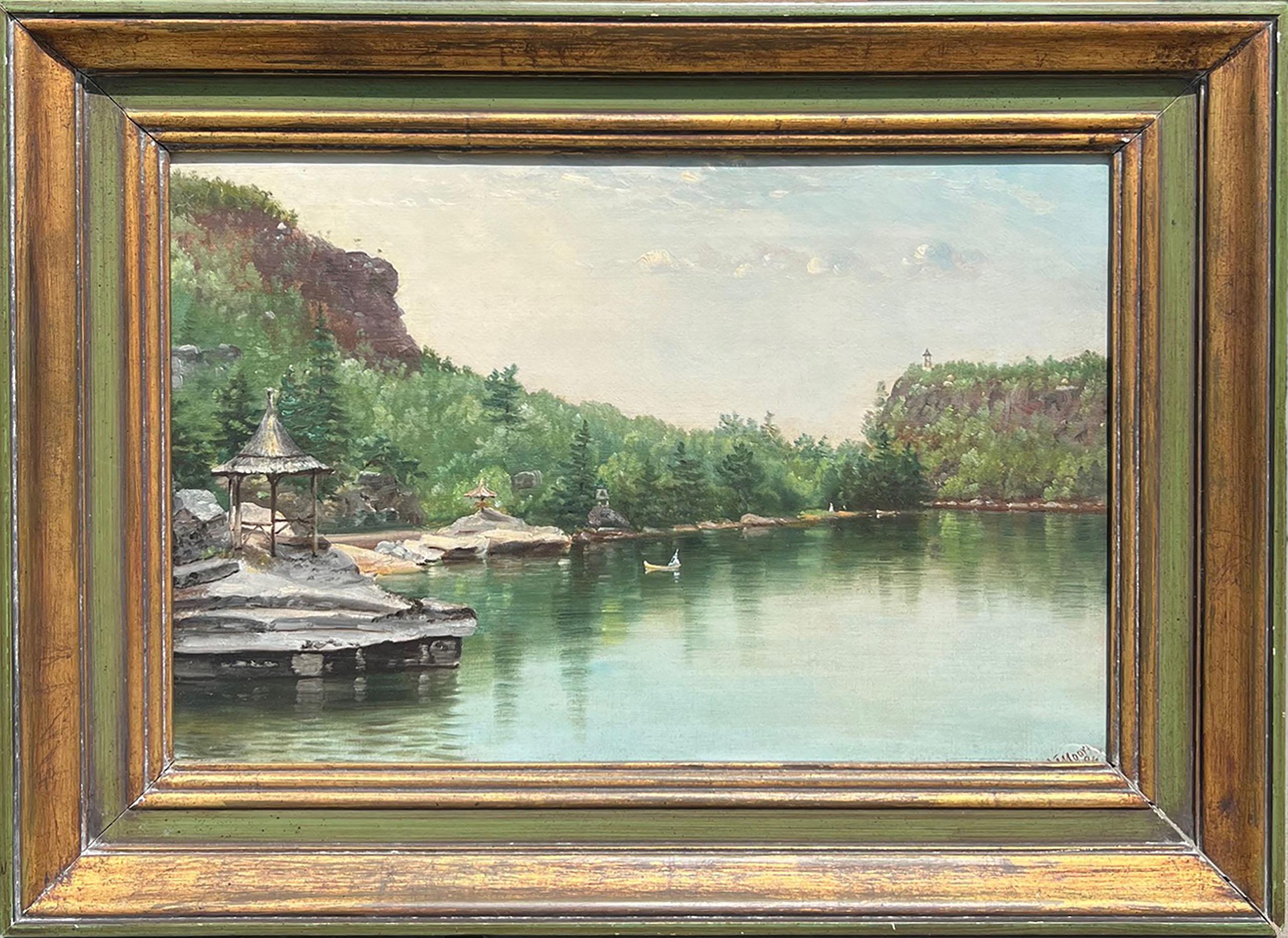 A rare depiction of Lake Mohonk, this painting by Hudson River School artist Nelson Augustus Moore (1824-1902) features  Sky Top Tower and the serene natural surroundings of the historic Mohonk Mountain House. This 19th century oil painting on