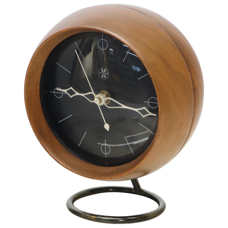 Nelson Chronopak Orb Round Ball Shape Turned Walnut Desk Clock For Sale