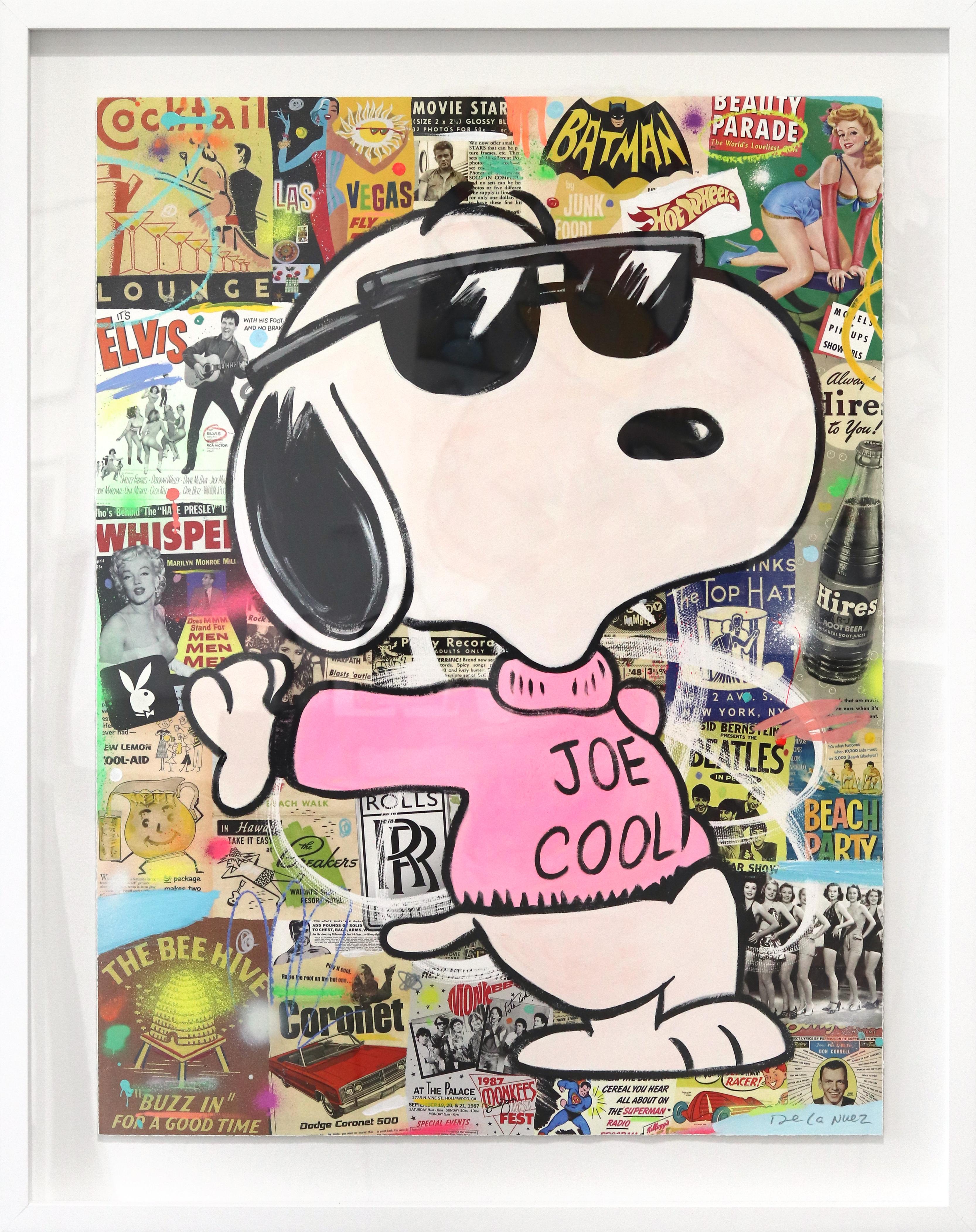 Joe Cool Stance - Peinture originale encadrée Figurative Snoopy Cartoon Pop Art - Mixed Media Art de Nelson De La Nuez