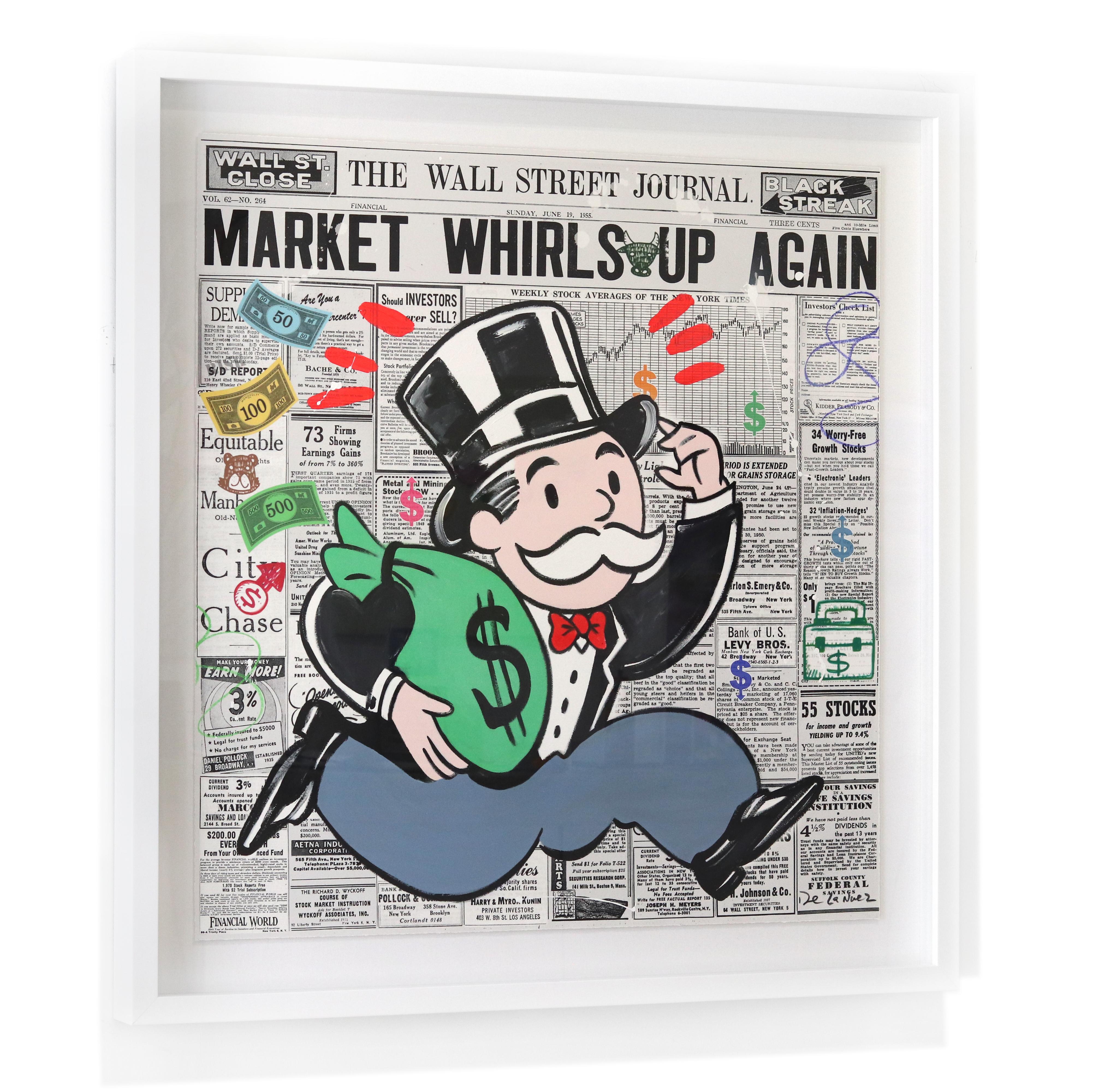 Market Whirls Up Up Again - Peinture figurative originale encadrée de Monopoly Pop Art en vente 2