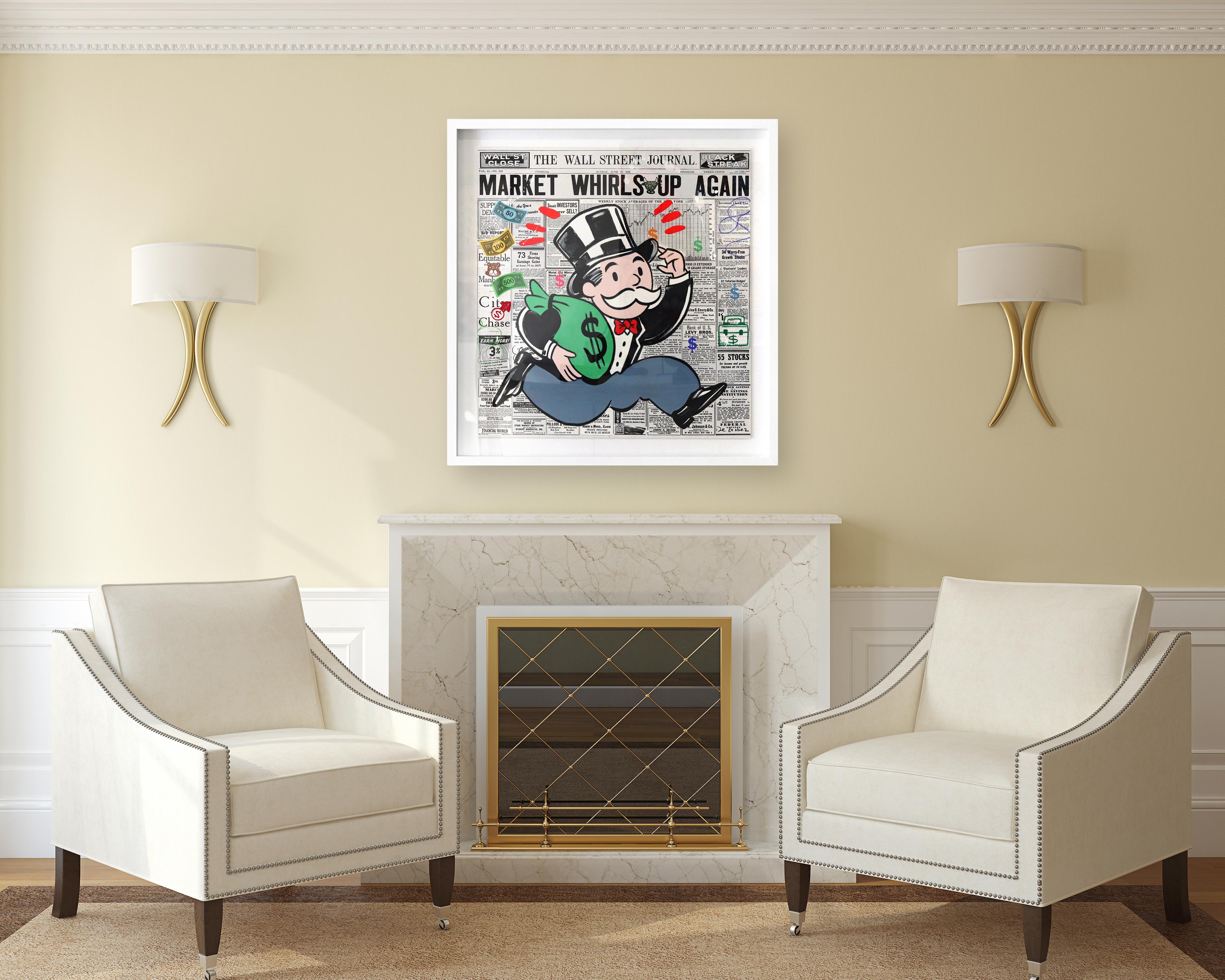 Market Whirls Up Up Again - Peinture figurative originale encadrée de Monopoly Pop Art en vente 4