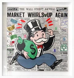 Market Whirls Up Up Again - Peinture figurative originale encadrée de Monopoly Pop Art