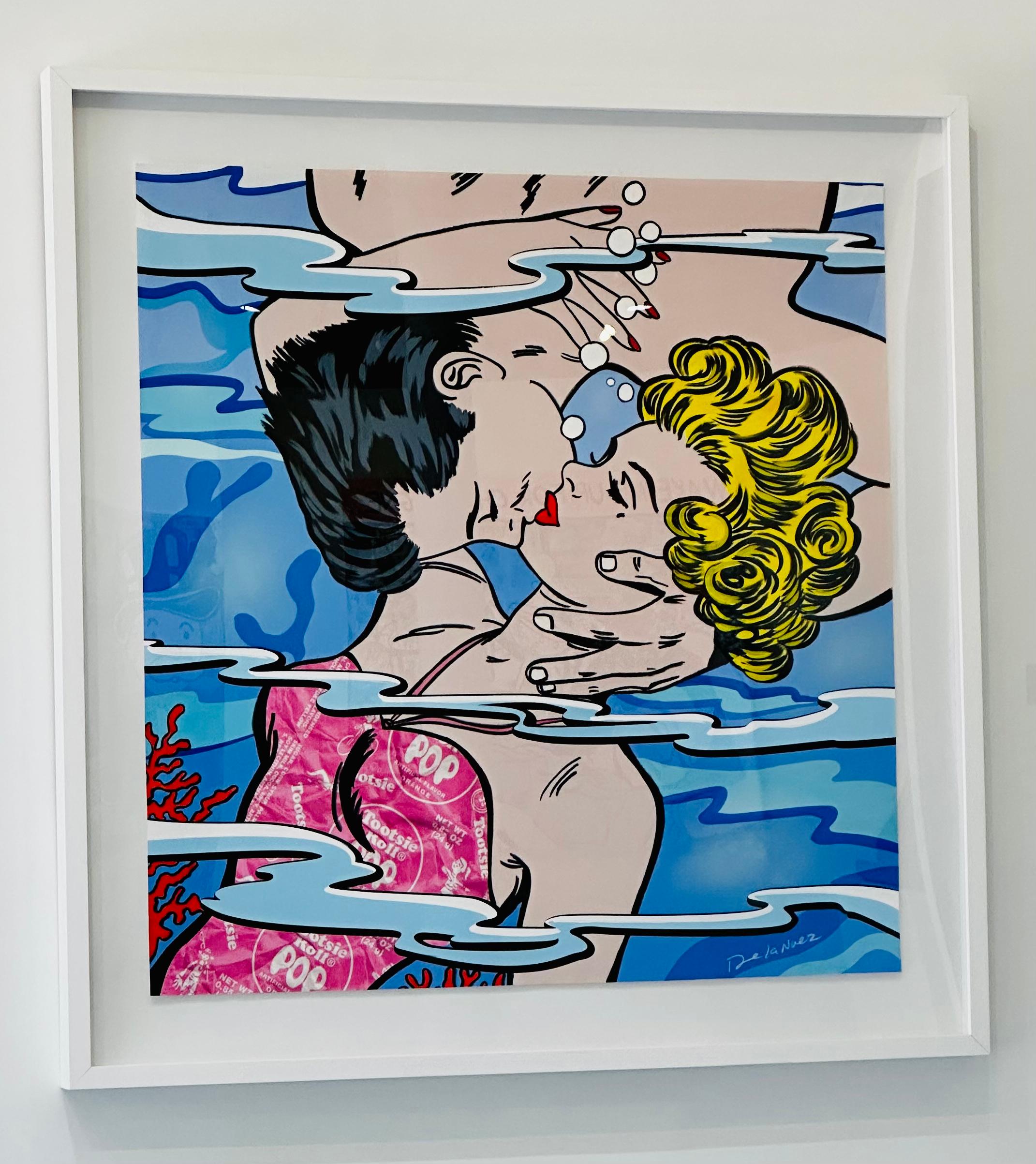 Pop Romance - Floats in white frame - Painting by Nelson De La Nuez