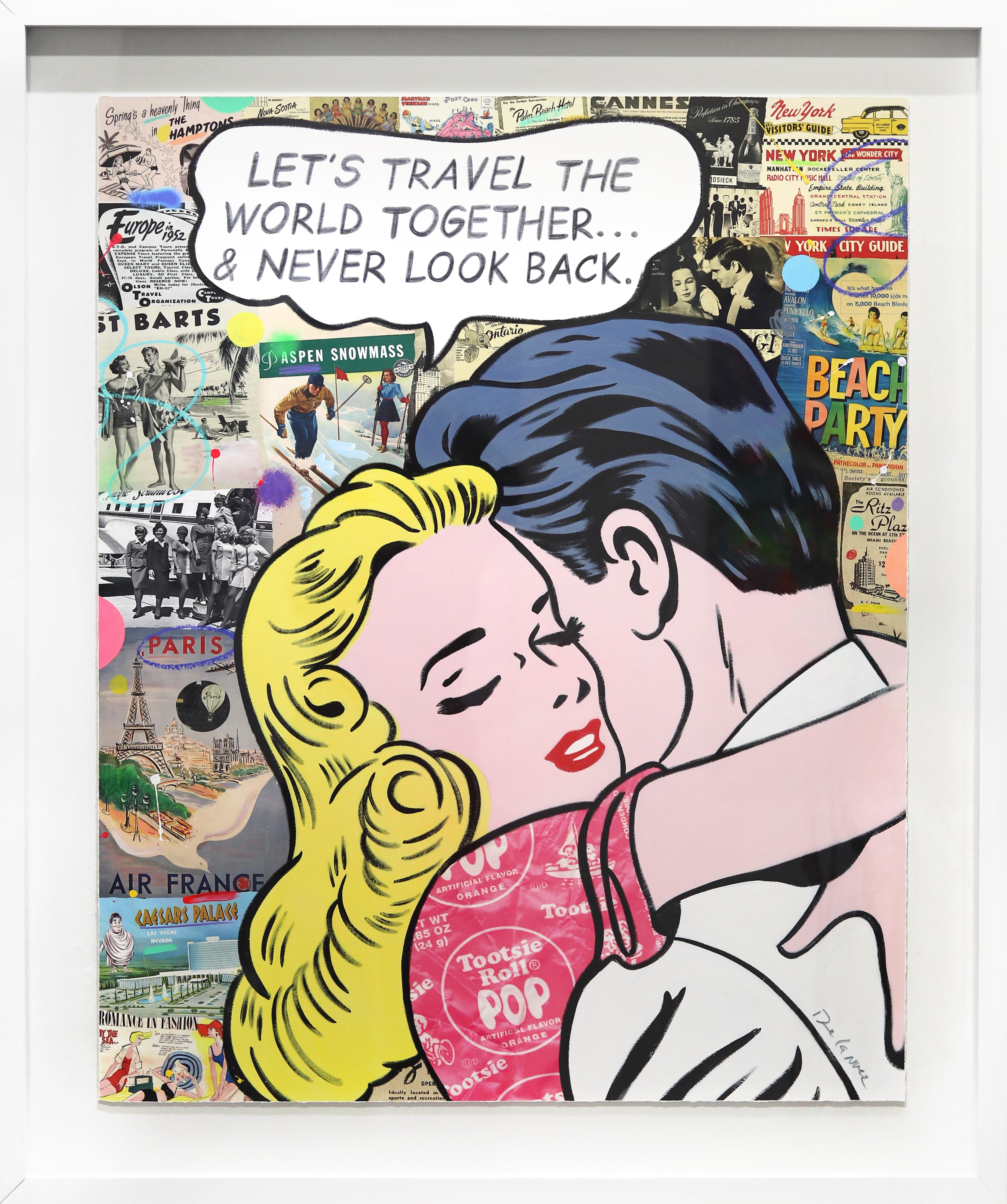 World Travelers - Framed Illustrative Figurative Man & Woman Pop Art Painting - Mixed Media Art by Nelson De La Nuez