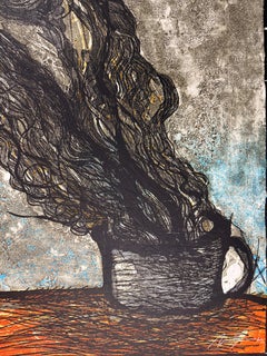 "Woman of the coffee" 2012 original signed woodcut collagraph engraving 49x33 in