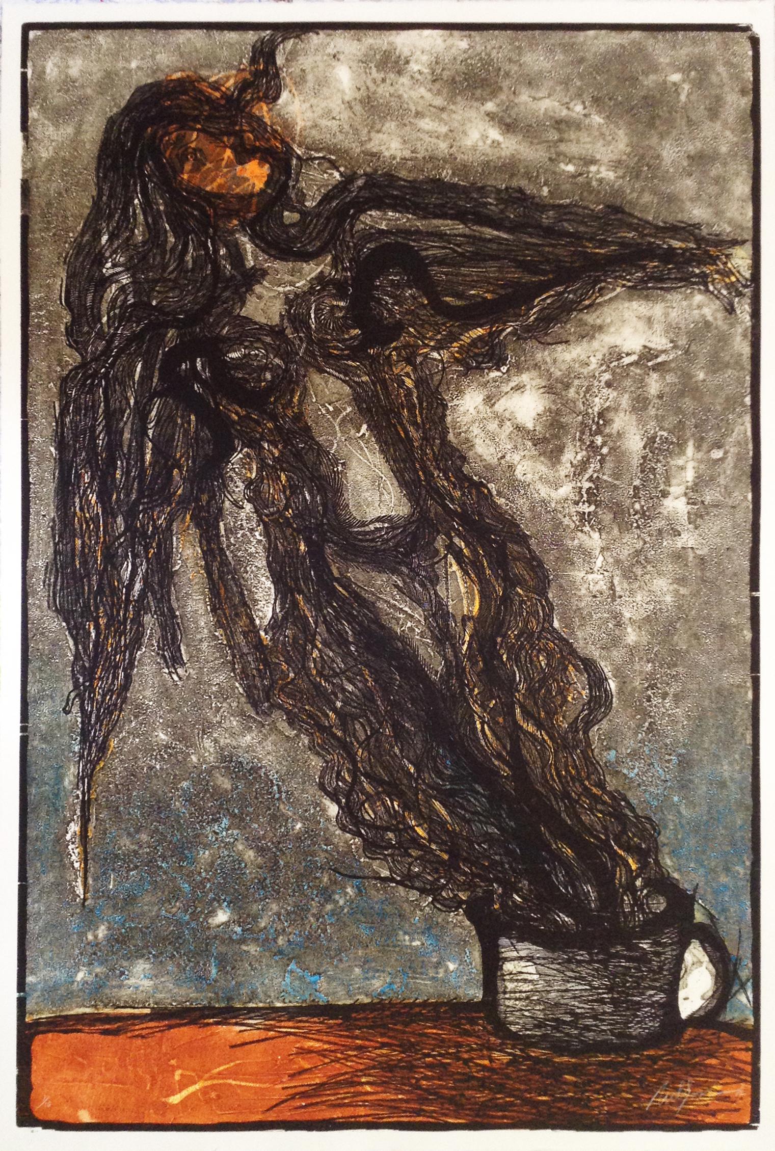 Nelson Dominguez (Cuban, 1947)
'La mujer del café', 2012
Woodcut
124.5 x 84.5 cm. (49 x 33.3 in.)
Edition of 10
Unframed