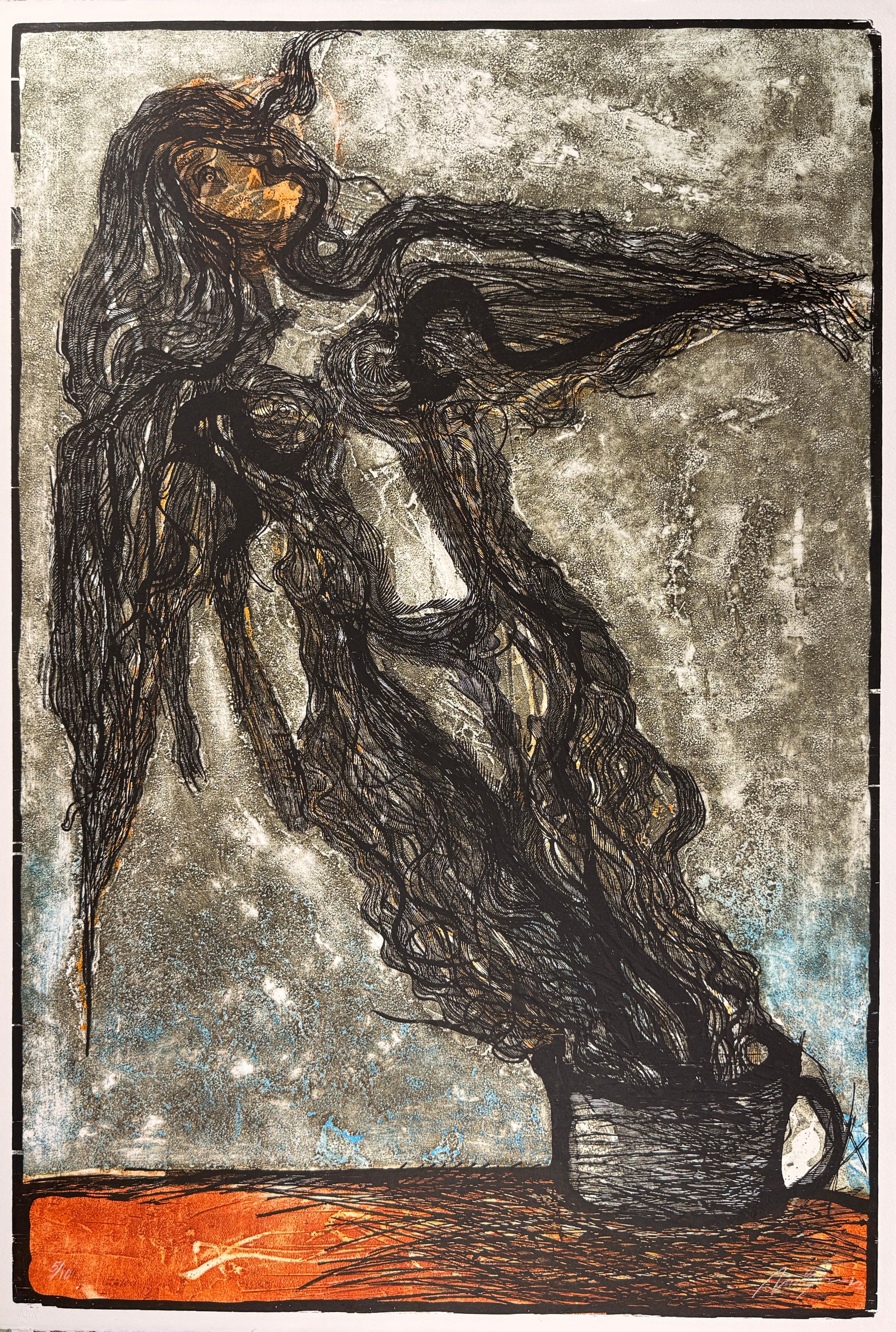 "Donna del caffè" 2012 incisione xilografica originale firmata 49x33 pollici