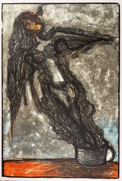 "Donna del caffè" 2012 incisione xilografica originale firmata 49x33 pollici