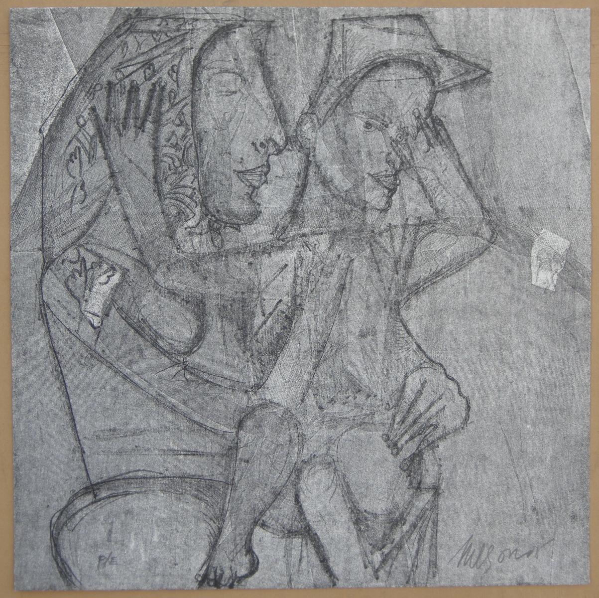 "Nelson Dominguez (Cuba, 1947)
'Madre (gris/victor guadalajara detras)', 2005
mixed media on paper Velin Arches 300 g.
19.7 x 19.7 in. (50 x 50 cm.)
Prueba de Estado (P.E)
ID: DOM-211"
