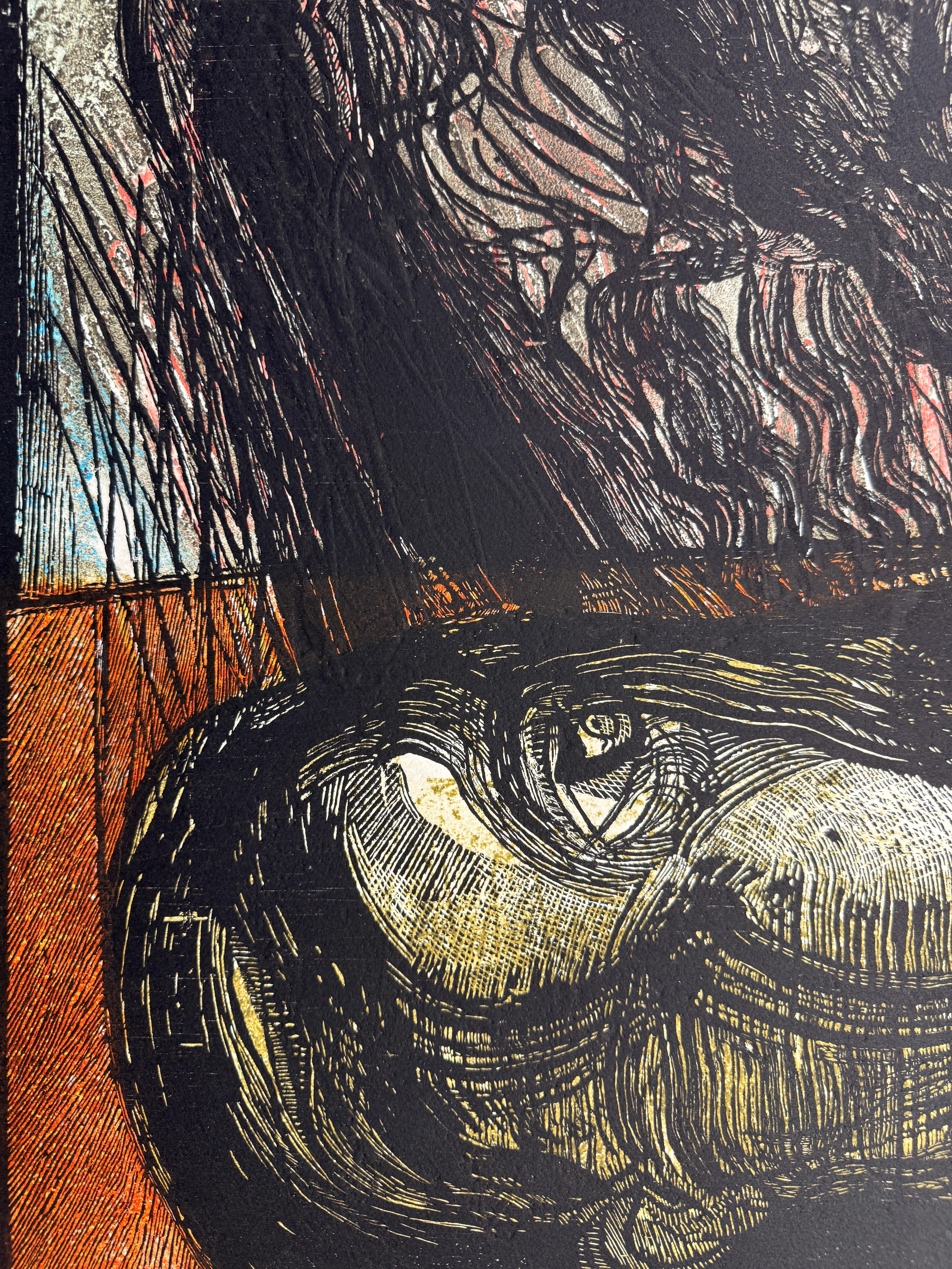 Donna del tabacco, 2012 incisione xilografica originale firmata 49x33 pollici - Print Contemporaneo di Nelson Dominguez