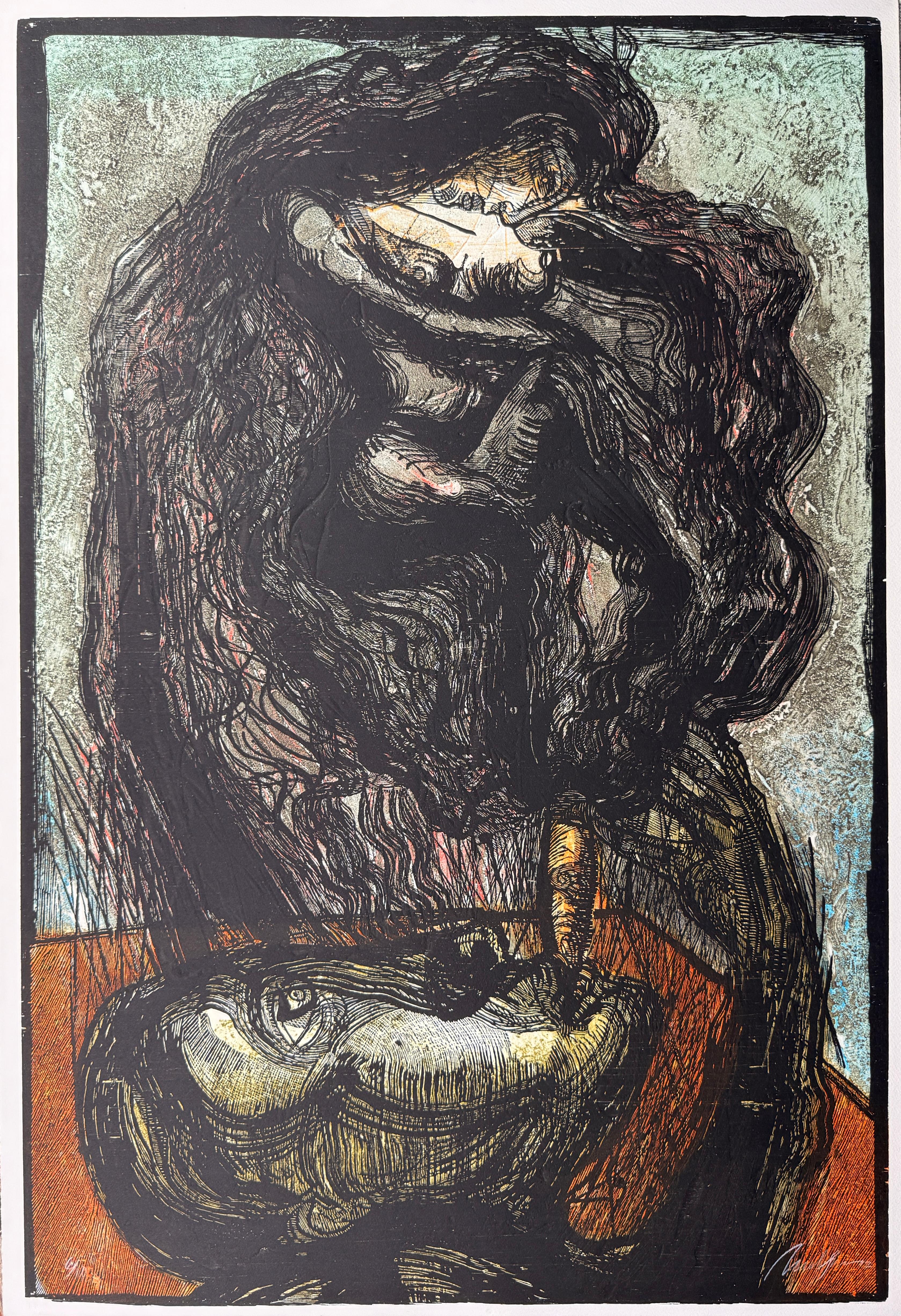 Donna del tabacco, 2012 incisione xilografica originale firmata 49x33 pollici