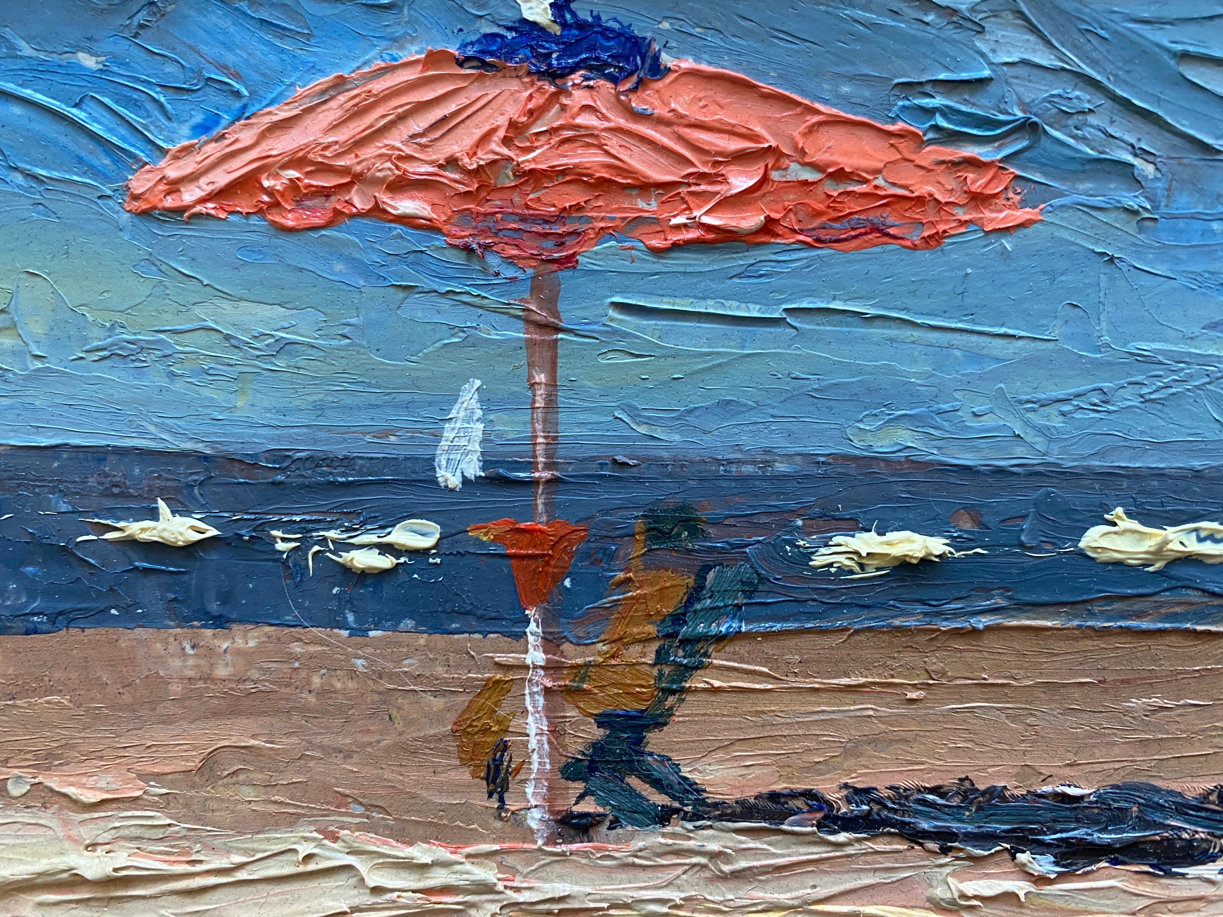 A classic Nelson Holbrook White painting is an Umbrella scene. Painted en plein air in Viareggio, italy, Nelson is drawn to these Orange umbrellas along the coastline. Painted thickly with a palate knife. A single figure sits beneath the umbrella,