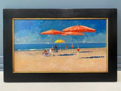 "Bagno La Salute" oil painting of Italian beach scene with umbrellas, sunbathers