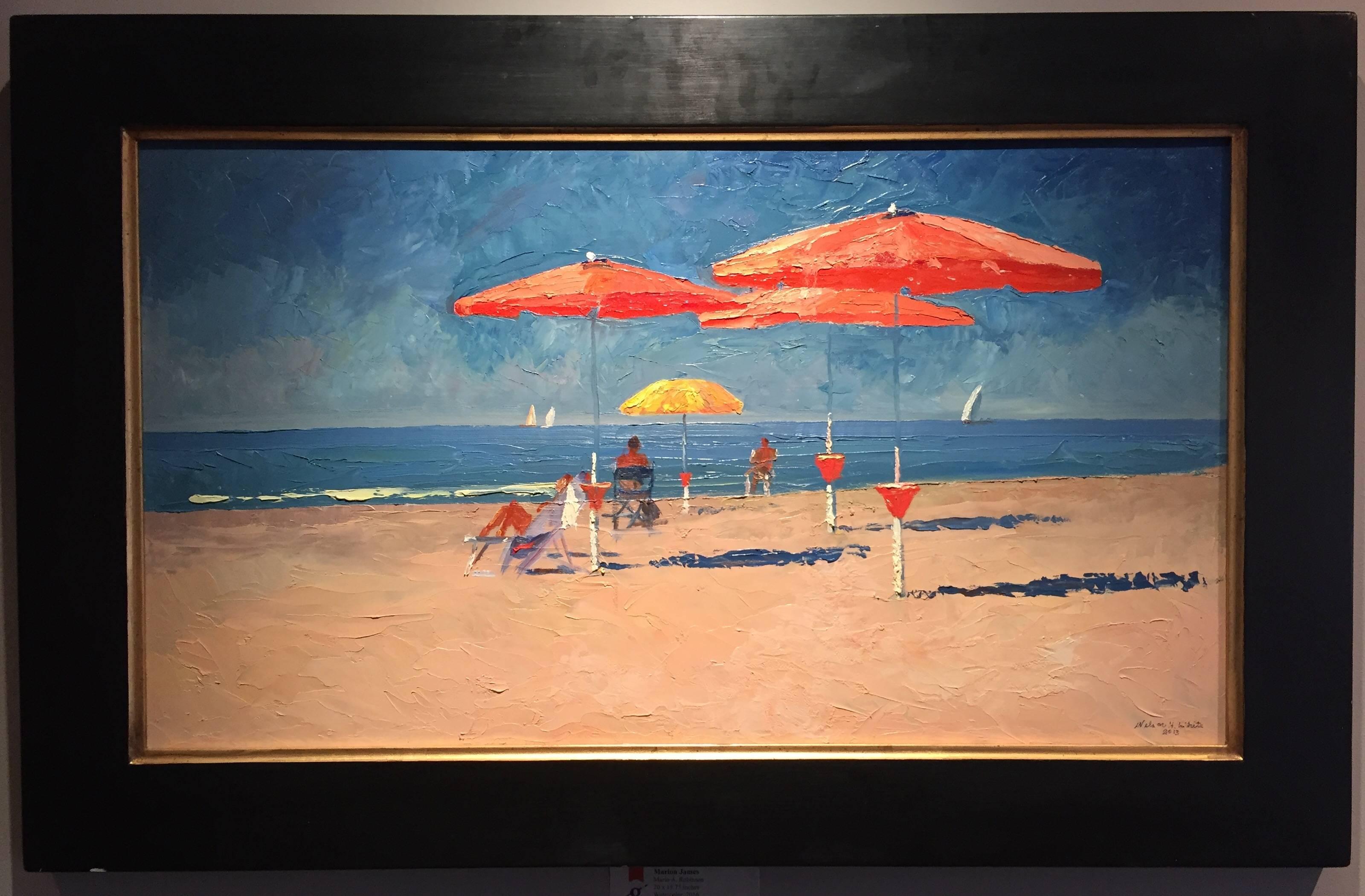 Landscape Painting di Nelson H. White - "Bagno La Salute" dipinto ad olio di una scena di spiaggia italiana con ombrelloni e bagnanti