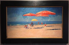 "Bagno La Salute" oil painting of Italian beach scene with umbrellas, sunbathers